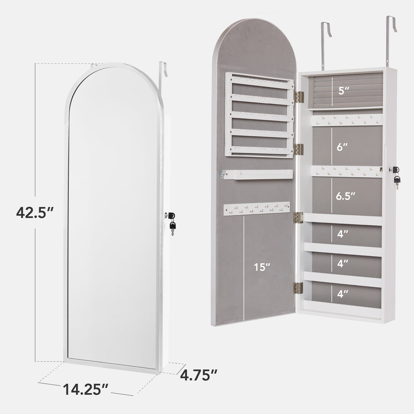 Door/Wall Mounted Arch Mirror Jewelry Armoire, w/ Metal Frame, Built-In Lock
