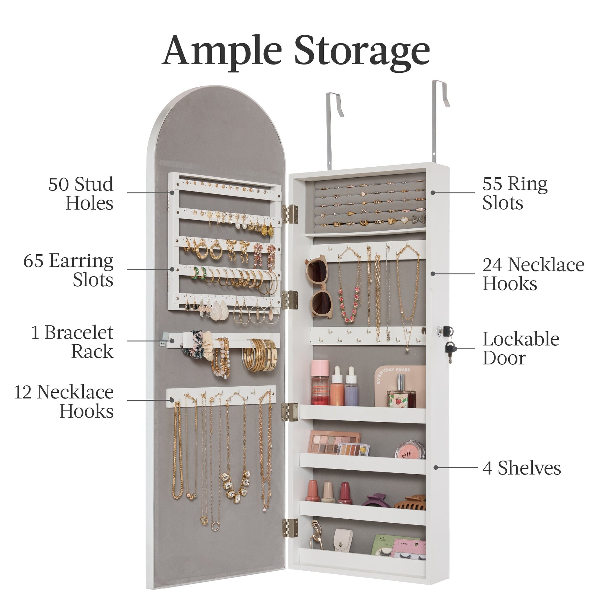 Door/Wall Mounted Arch Mirror Jewelry Armoire, w/ Metal Frame, Built-In Lock