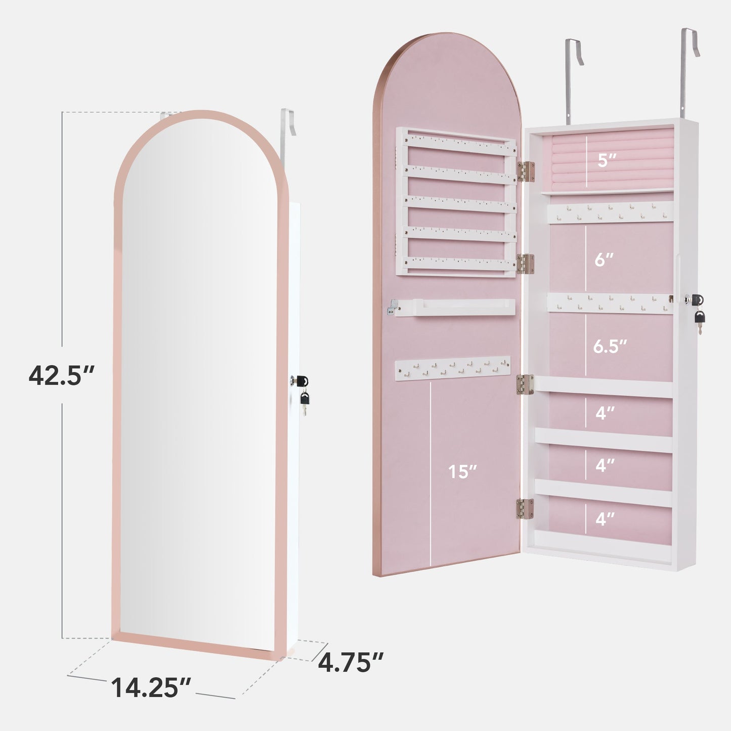 Door/Wall Mounted Arch Mirror Jewelry Armoire, w/ Metal Frame, Built-In Lock