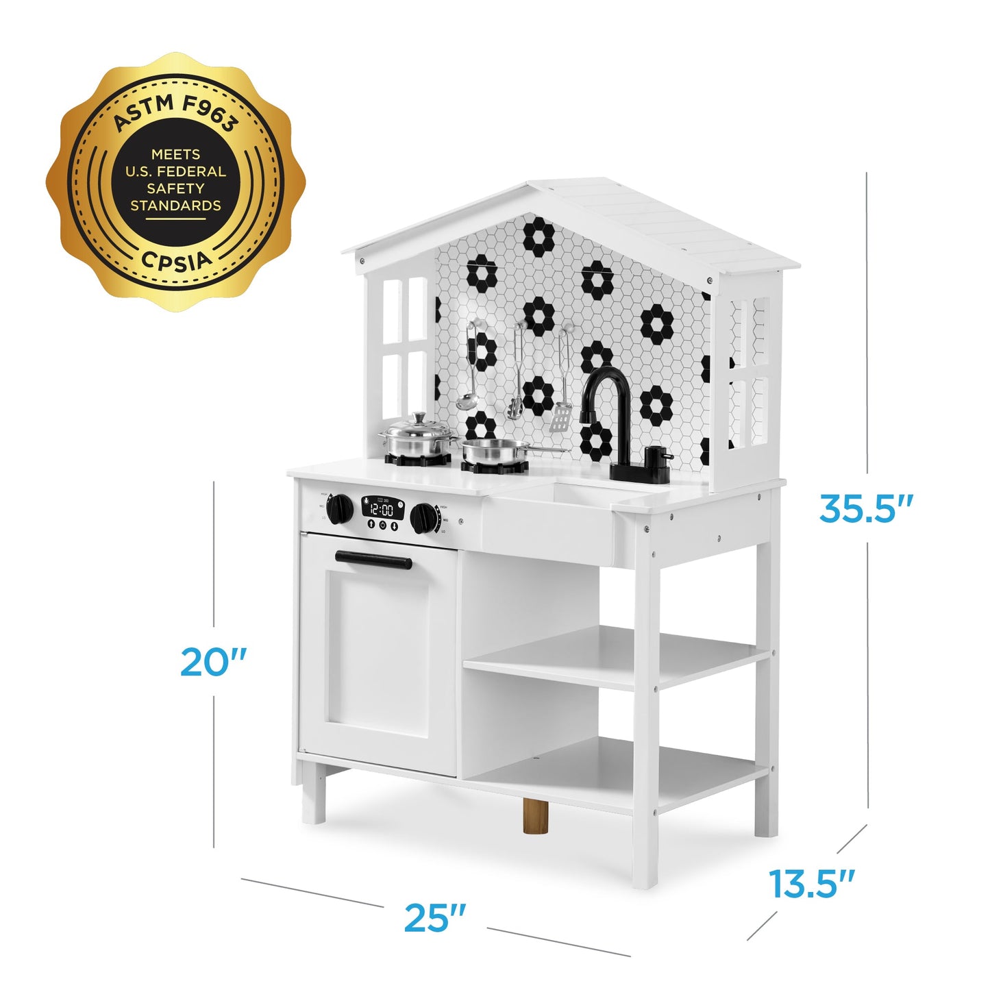 Pretend Play Wooden Farmhouse Kitchen Set w/ Storage, 5 Accessories