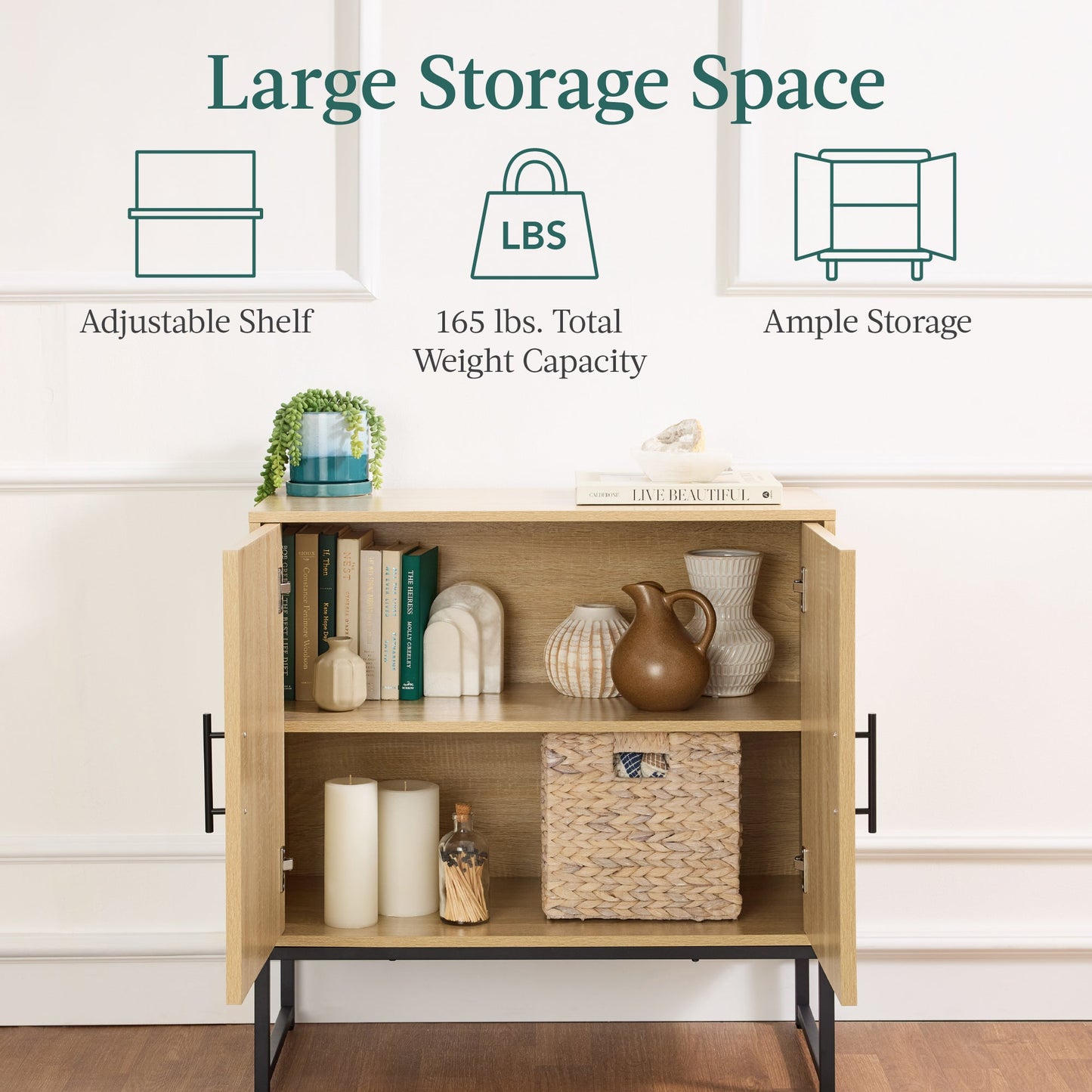 2-Door Slatted Storage Cabinet Accent Furniture w/ Foot Pads