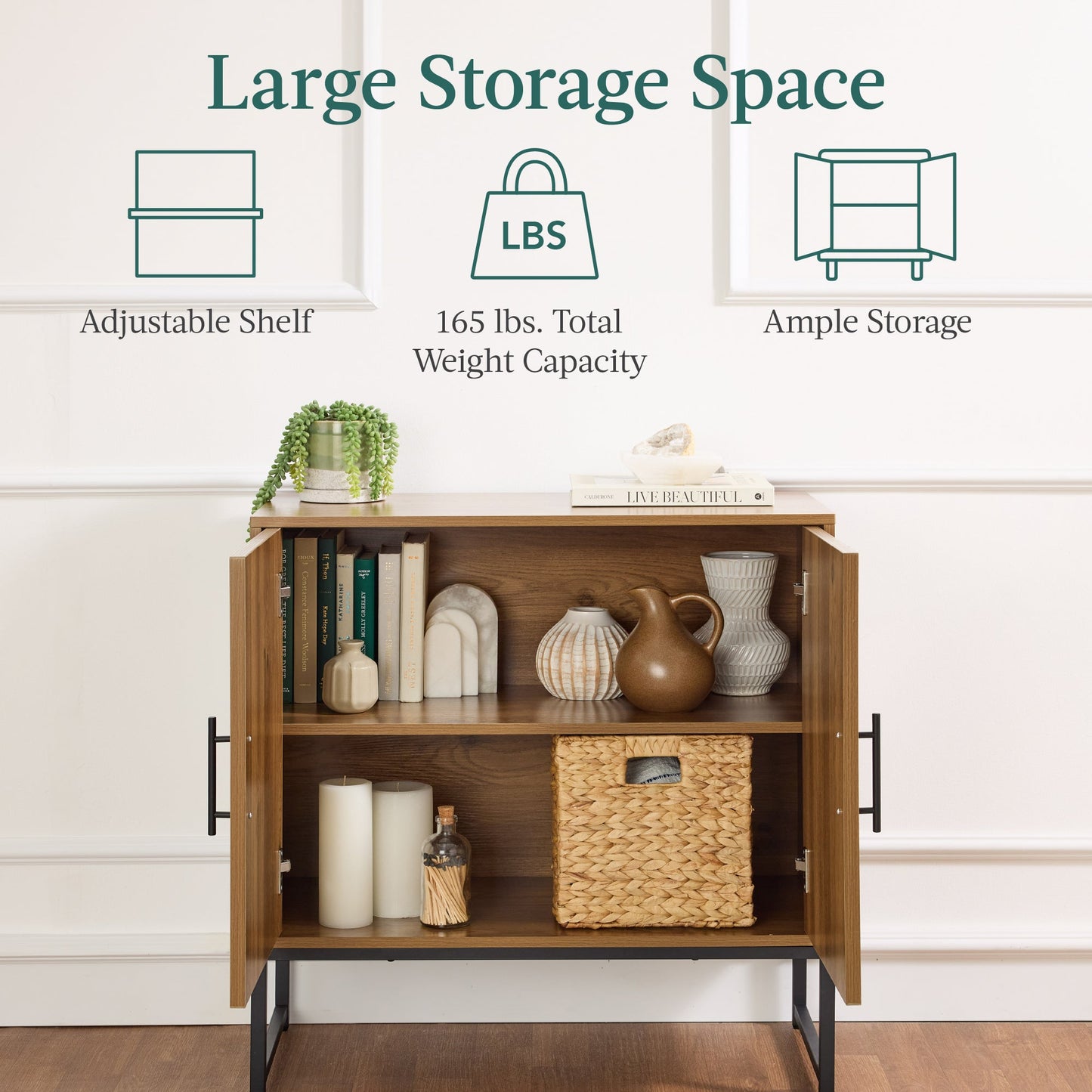2-Door Slatted Storage Cabinet Accent Furniture w/ Foot Pads