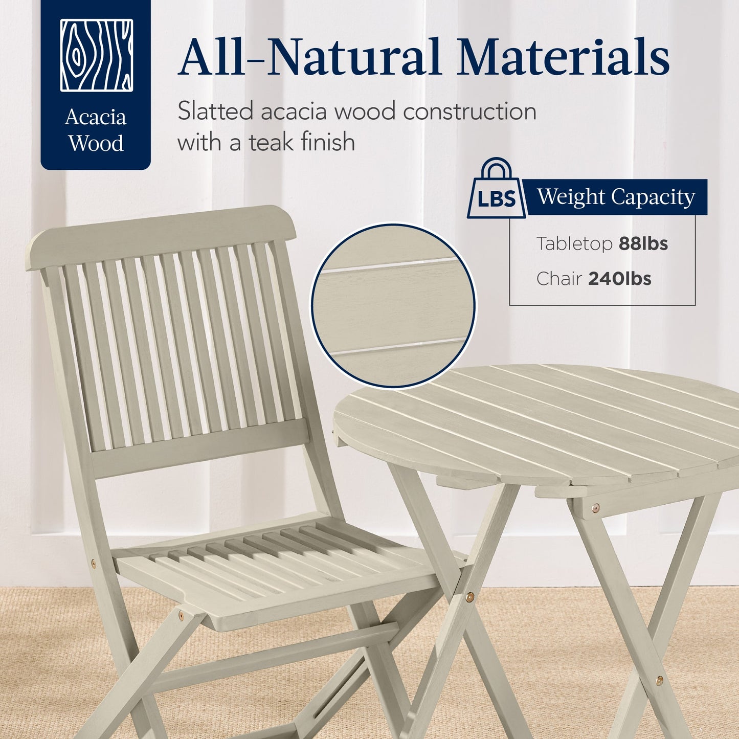 3-Piece Acacia Wood Bistro Set w/ Folding Table, 2 Chairs