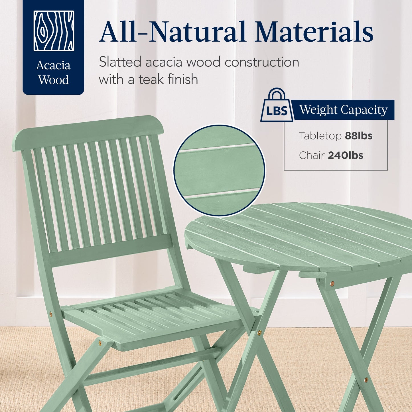 3-Piece Acacia Wood Bistro Set w/ Folding Table, 2 Chairs