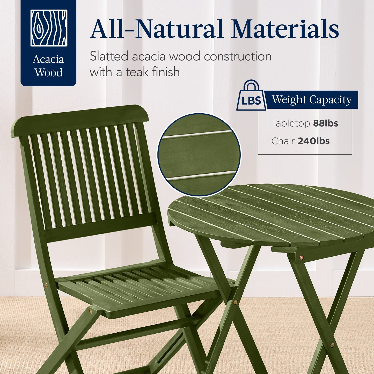 3-Piece Acacia Wood Bistro Set w/ Folding Table, 2 Chairs