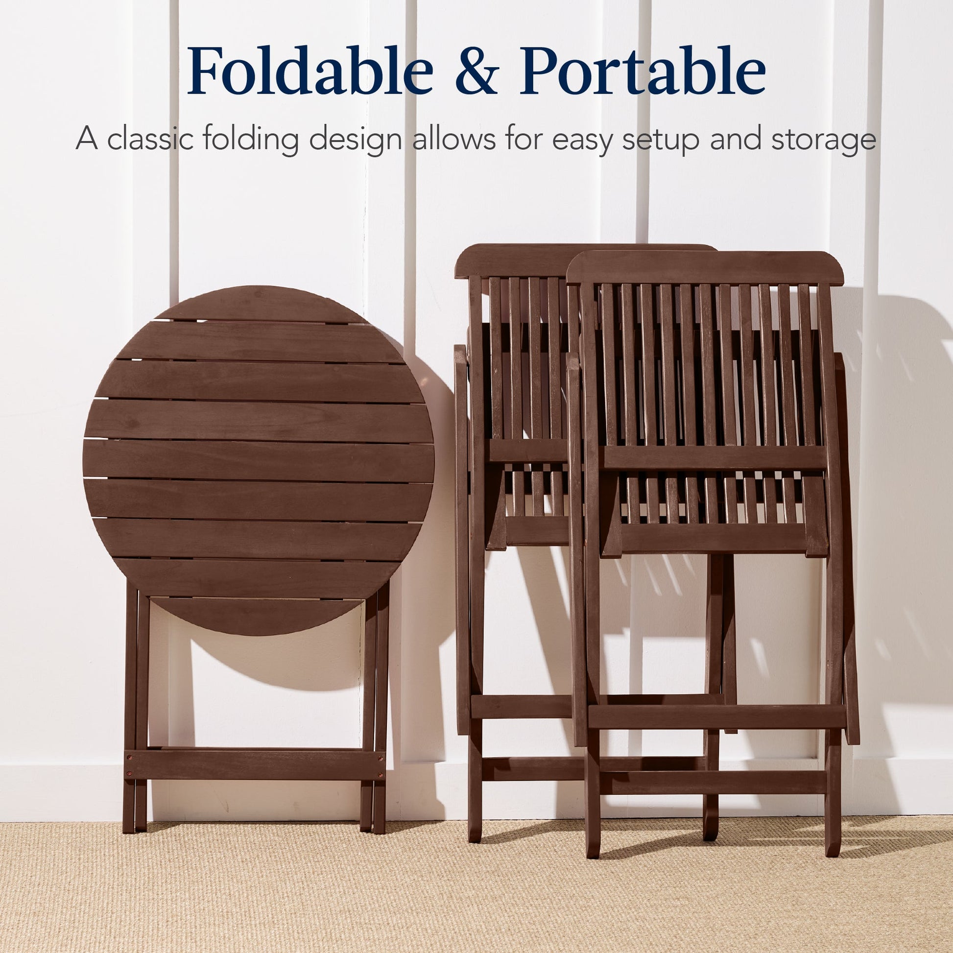 3-Piece Acacia Wood Bistro Set w/ Folding Table, 2 Chairs
