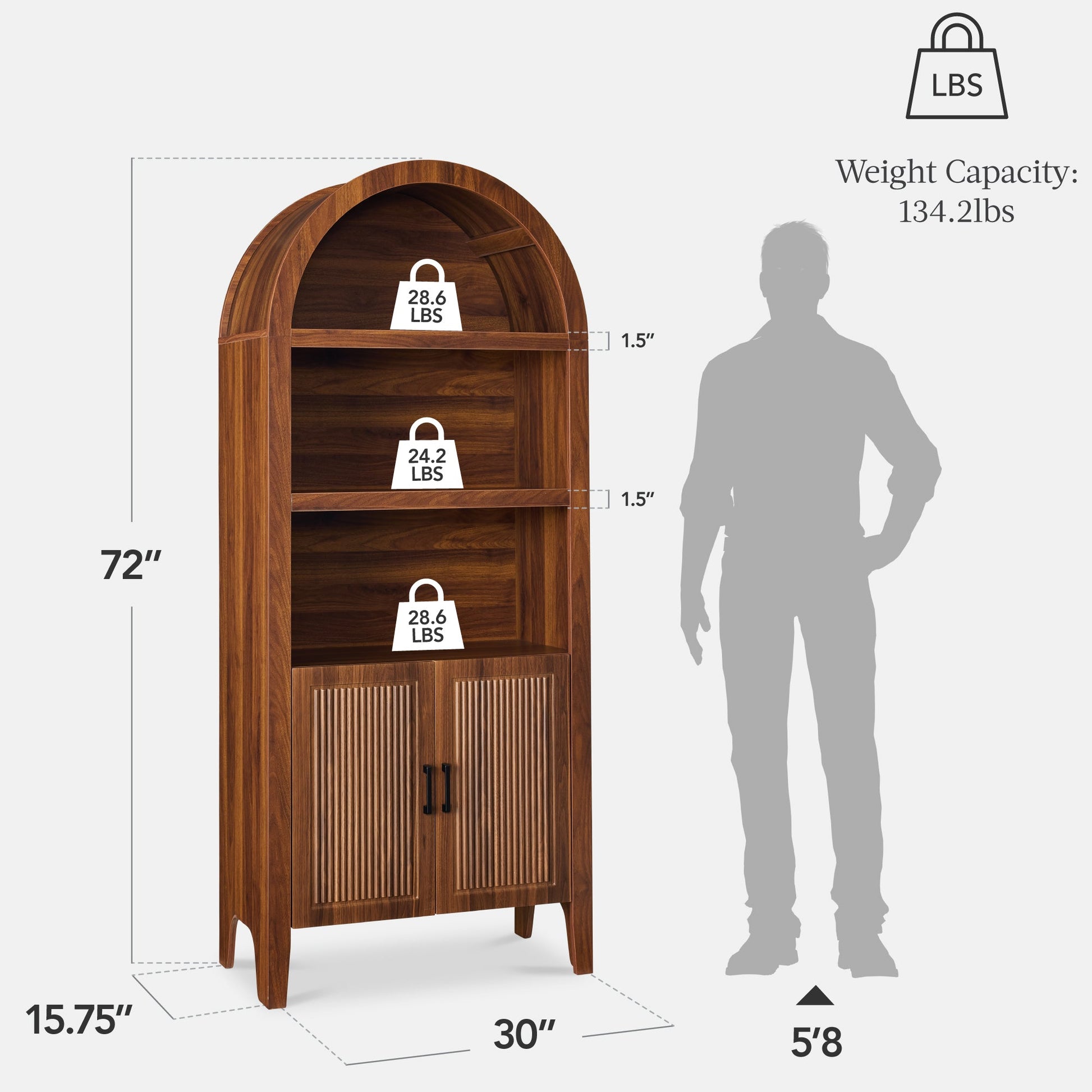 72" Tall Arched Pantry Cabinet w/ Doors, 5-Tier Storage Cabinet w/ Shelves