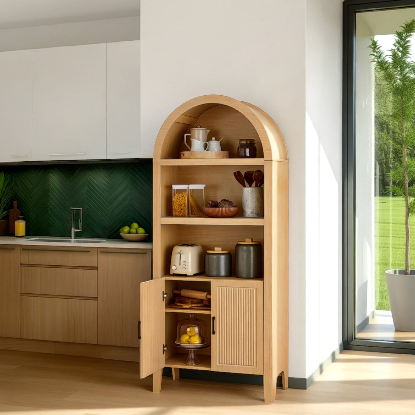 72" Tall Arched Pantry Cabinet w/ Doors, 5-Tier Storage Cabinet w/ Shelves