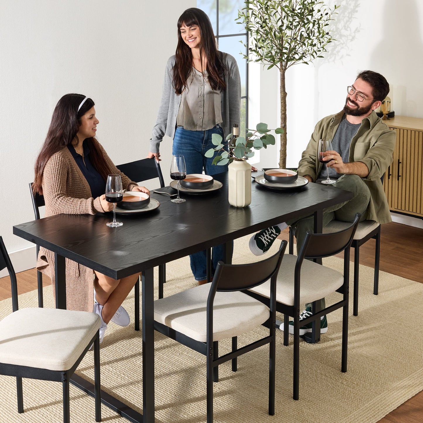 7-Piece Modern Dining Set, Kitchen Table w/ 6 Chairs, Metal Frame
