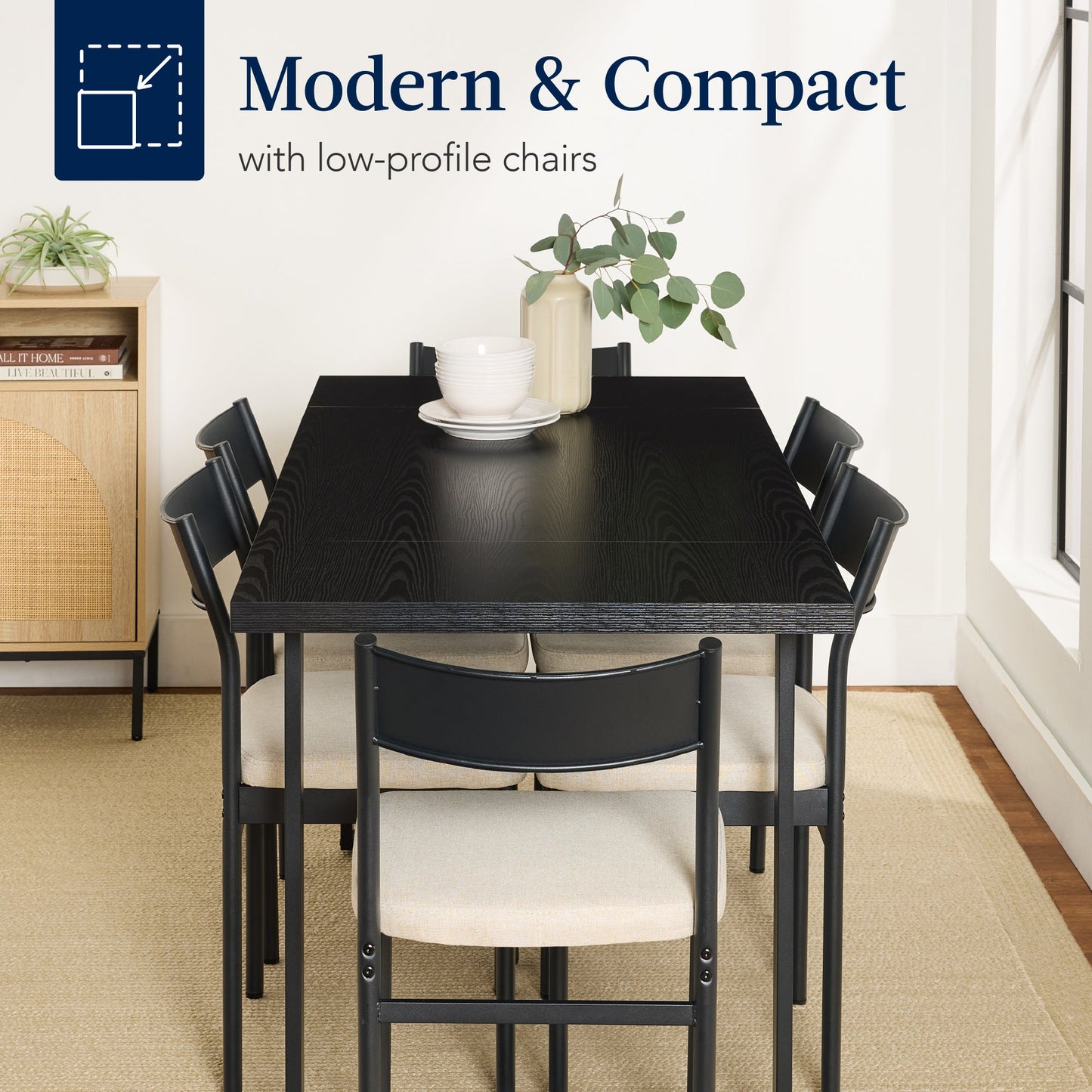 7-Piece Modern Dining Set, Kitchen Table w/ 6 Chairs, Metal Frame