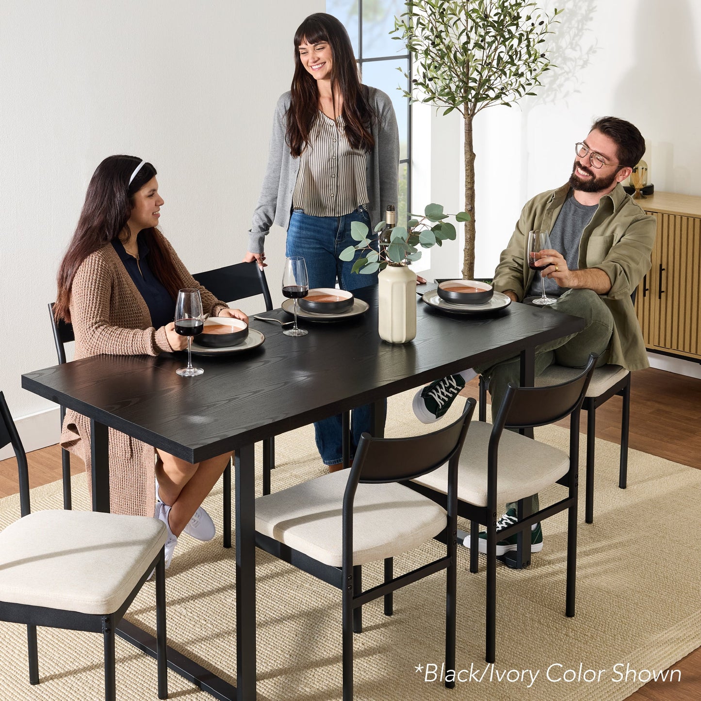 7-Piece Modern Dining Set, Kitchen Table w/ 6 Chairs, Metal Frame