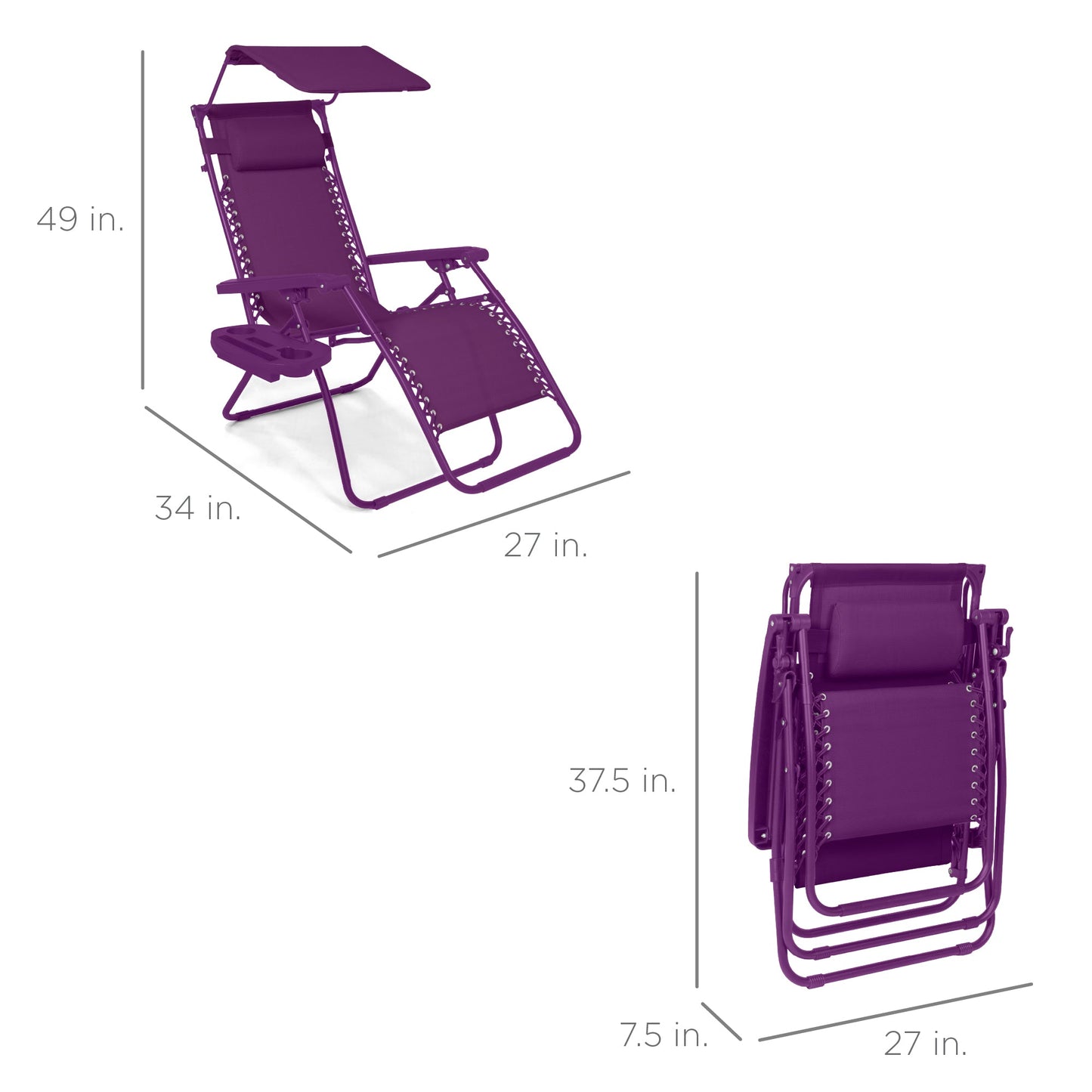 Folding Zero Gravity Recliner Patio Lounge Chair w/ Canopy, Side Tray