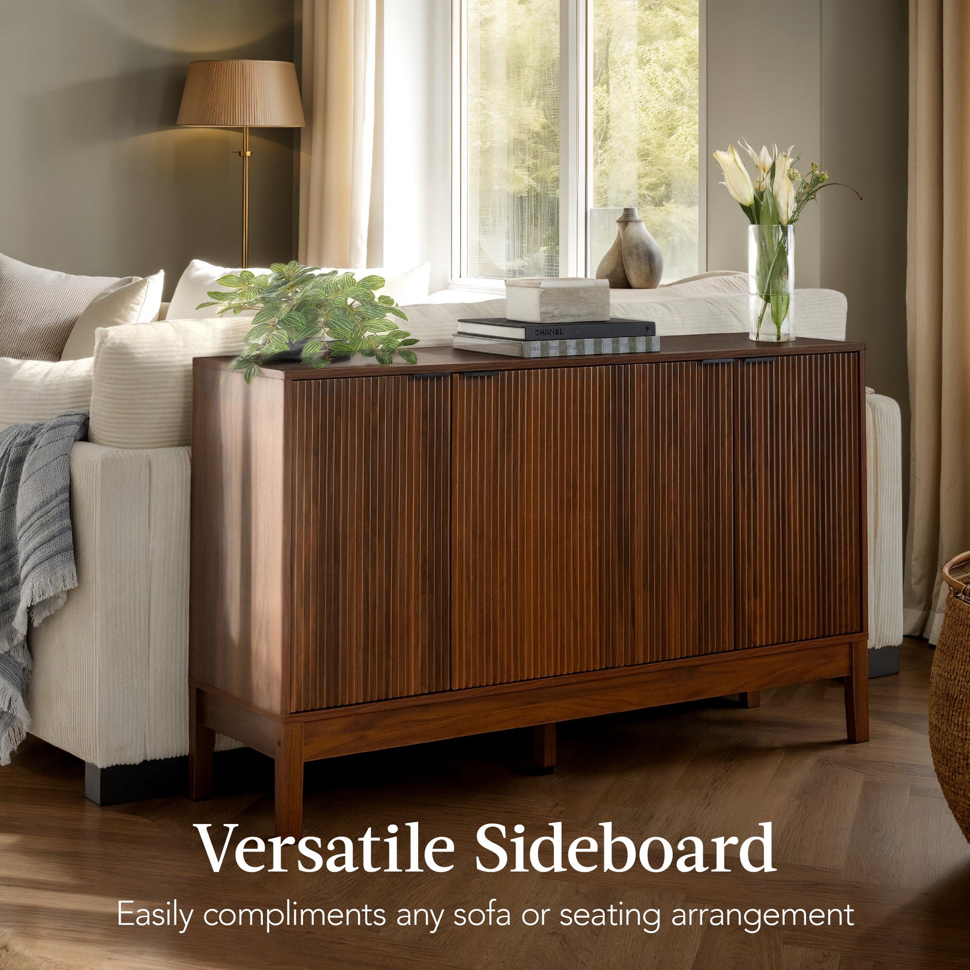 4-Door Reeded Storage Cabinet, Accent Furniture, Sideboard