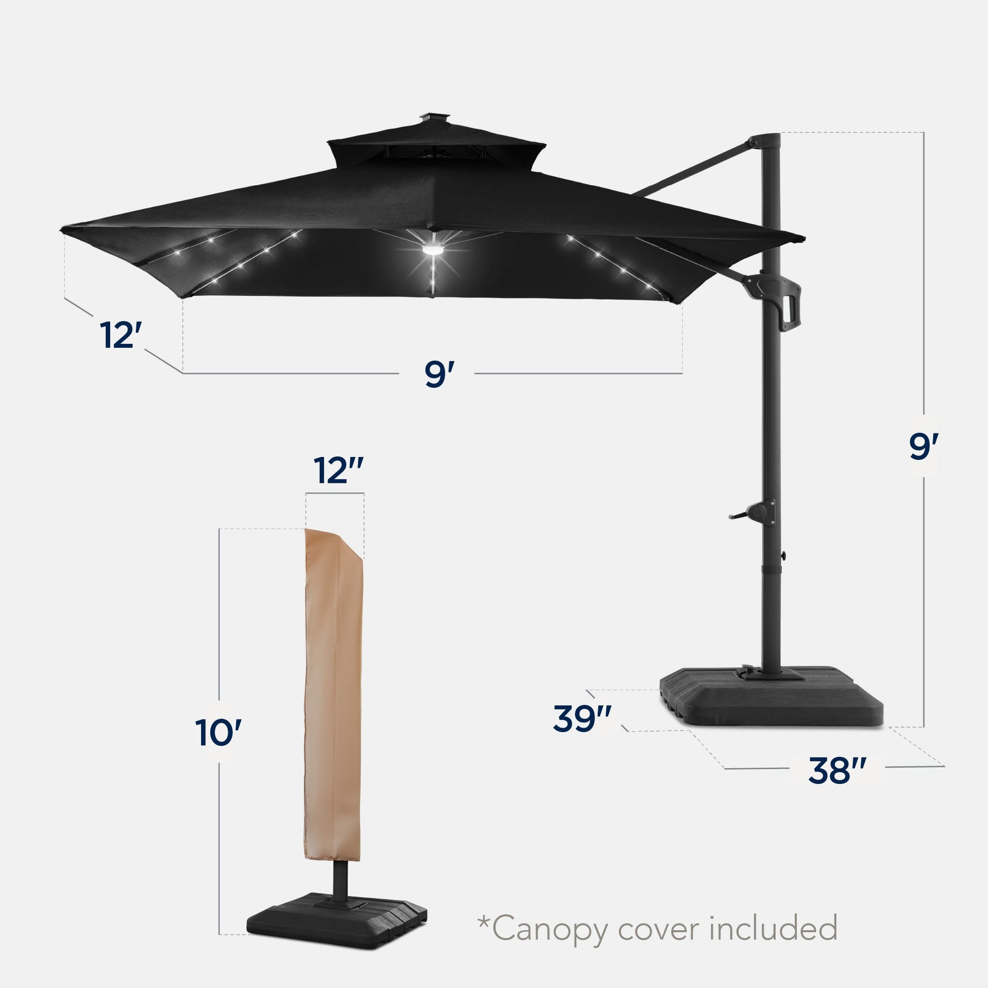 9x12ft 2-Tier Outdoor Solar LED Cantilever Patio Umbrella
