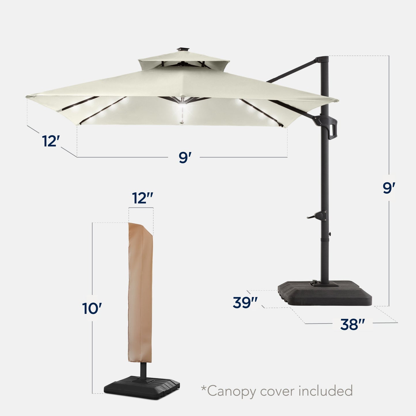 9x12ft 2-Tier Outdoor Solar LED Cantilever Patio Umbrella
