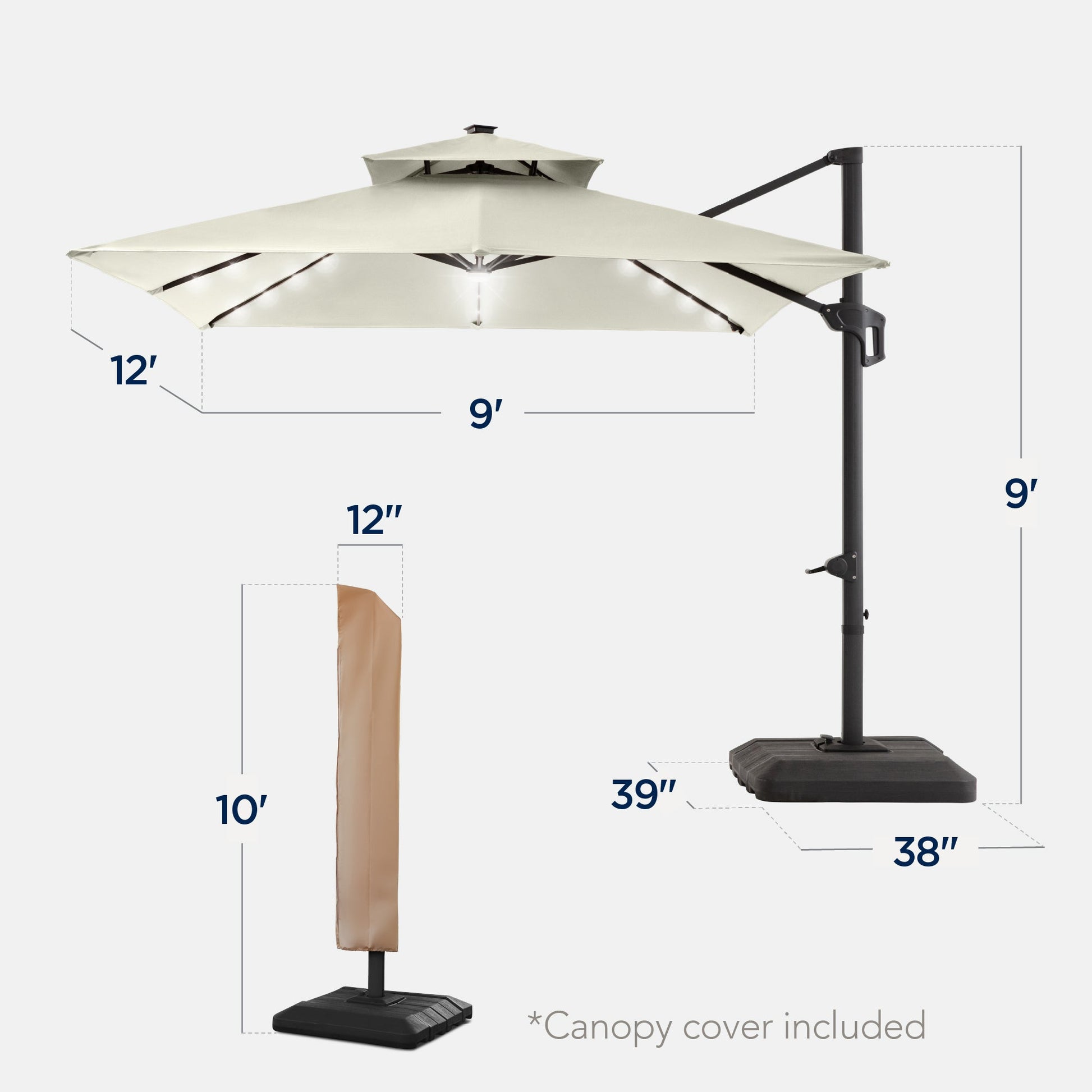 9x12ft 2-Tier Outdoor Solar LED Cantilever Patio Umbrella