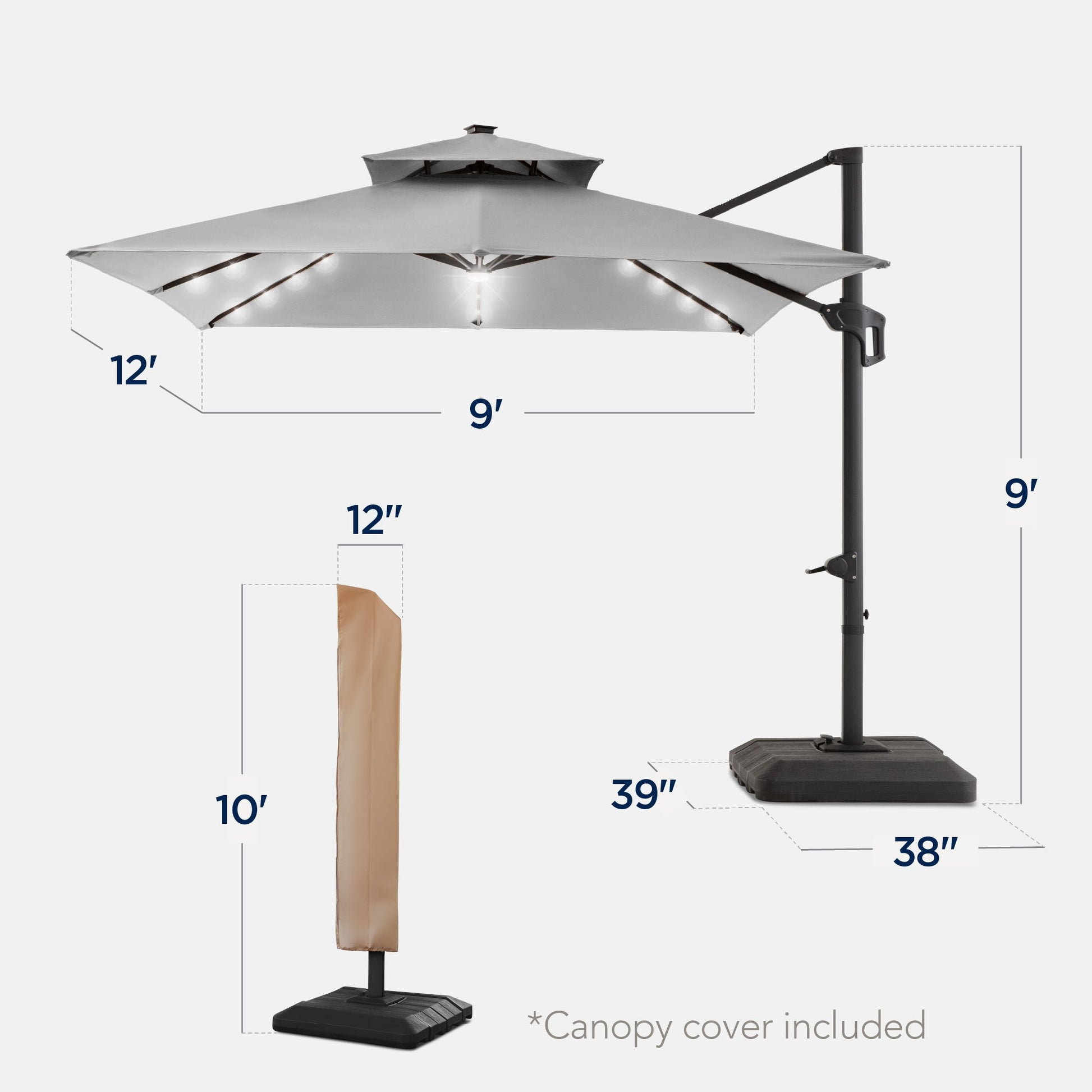 9x12ft 2-Tier Outdoor Solar LED Cantilever Patio Umbrella