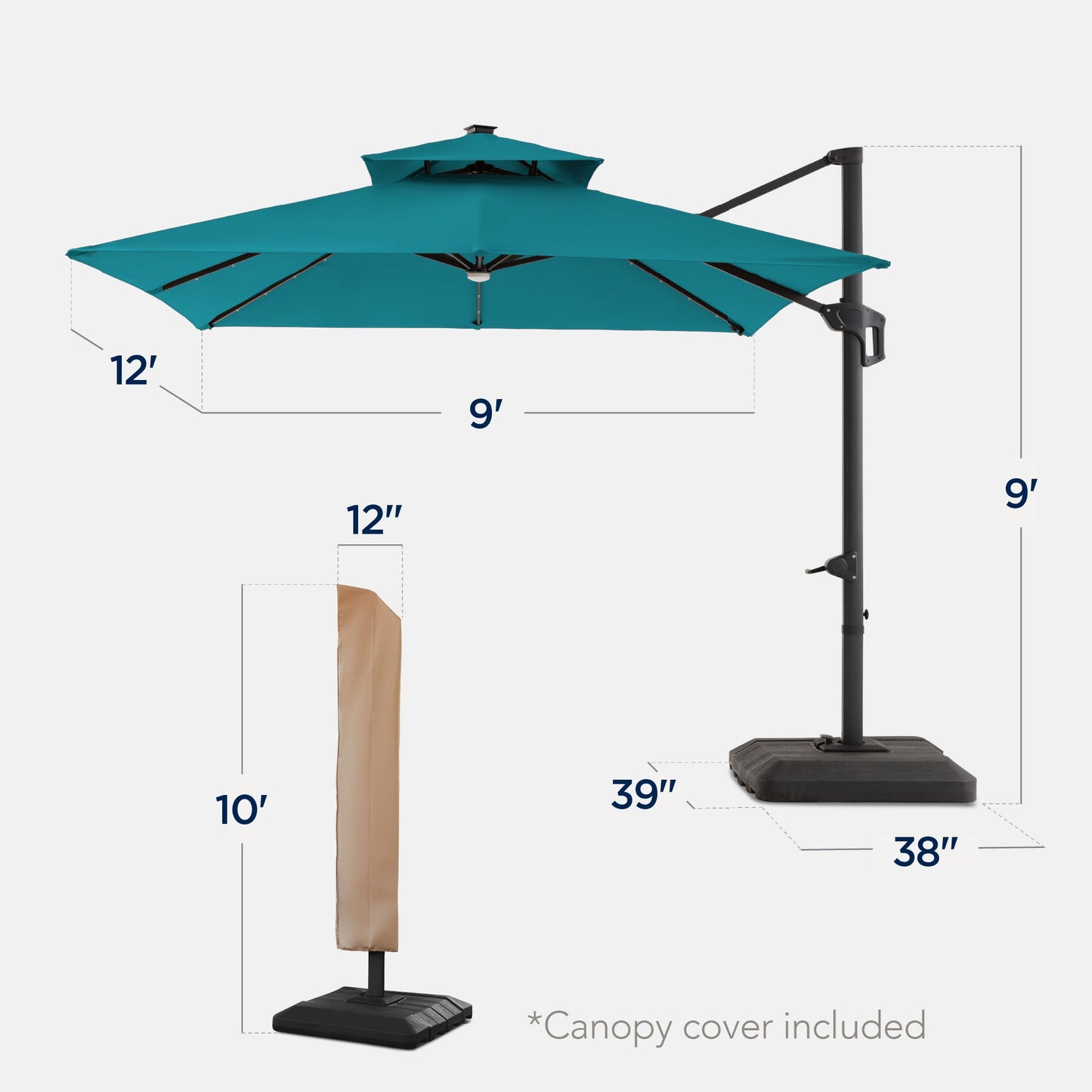 9x12ft 2-Tier Outdoor Solar LED Cantilever Patio Umbrella