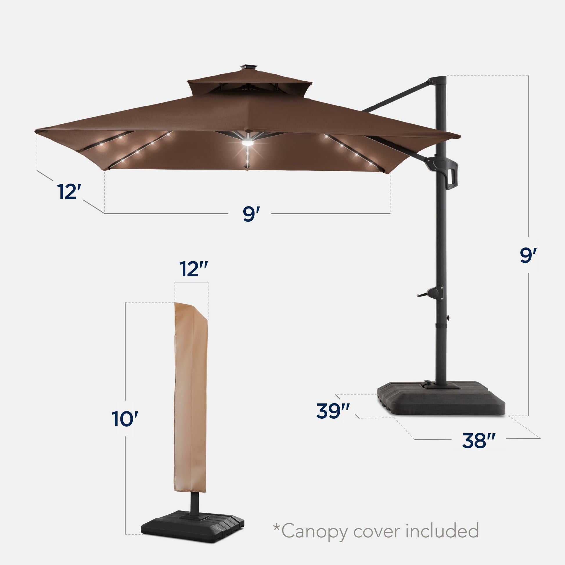 9x12ft 2-Tier Outdoor Solar LED Cantilever Patio Umbrella