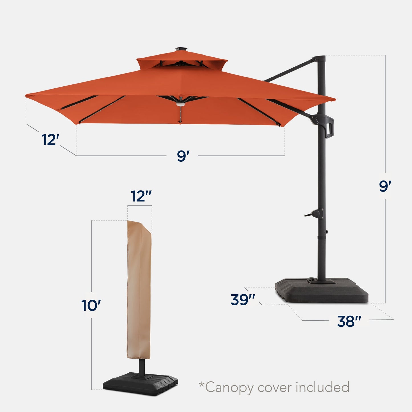 9x12ft 2-Tier Outdoor Solar LED Cantilever Patio Umbrella