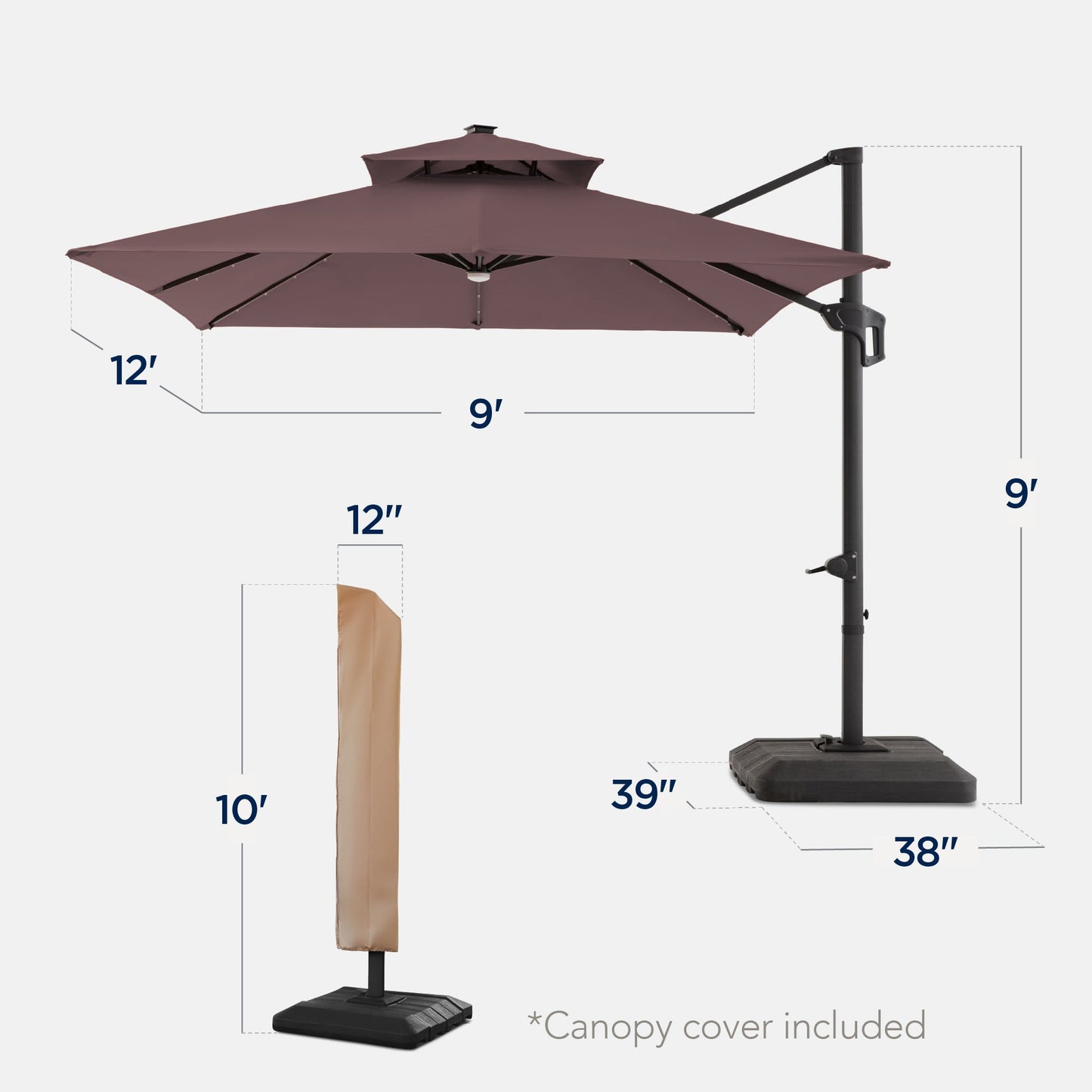 9x12ft 2-Tier Outdoor Solar LED Cantilever Patio Umbrella