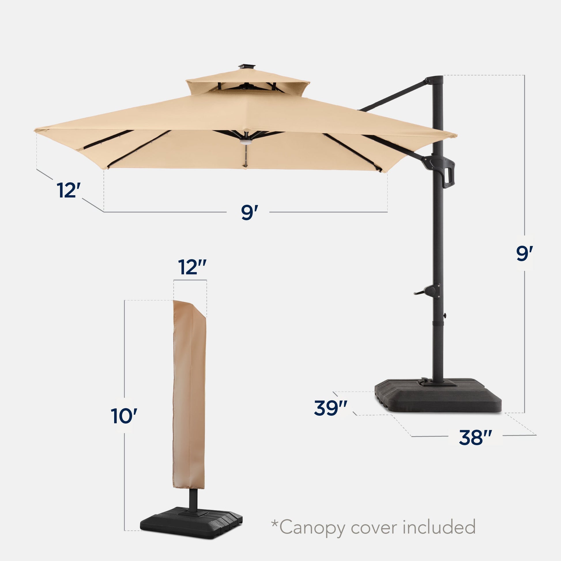 9x12ft 2-Tier Outdoor Solar LED Cantilever Patio Umbrella