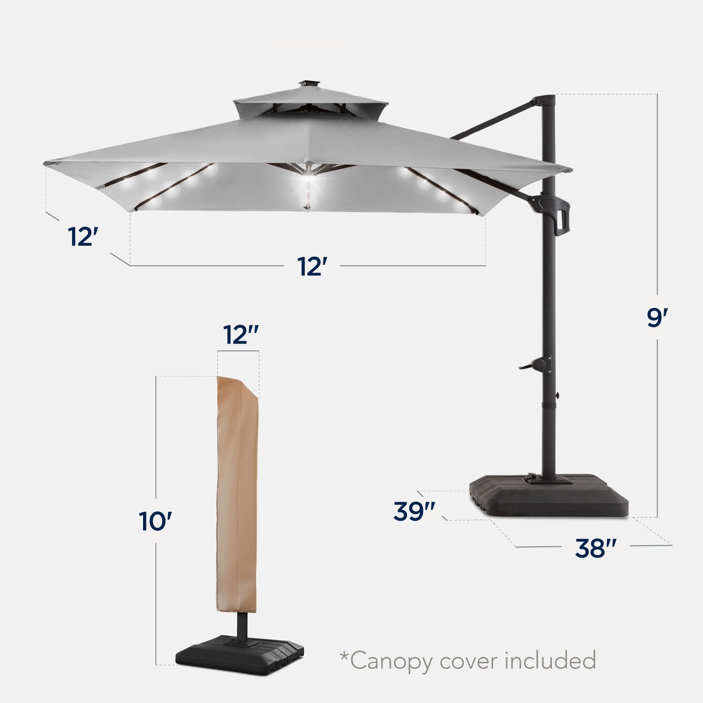 12x12ft 2-Tier Outdoor Solar LED Cantilever Patio Umbrella