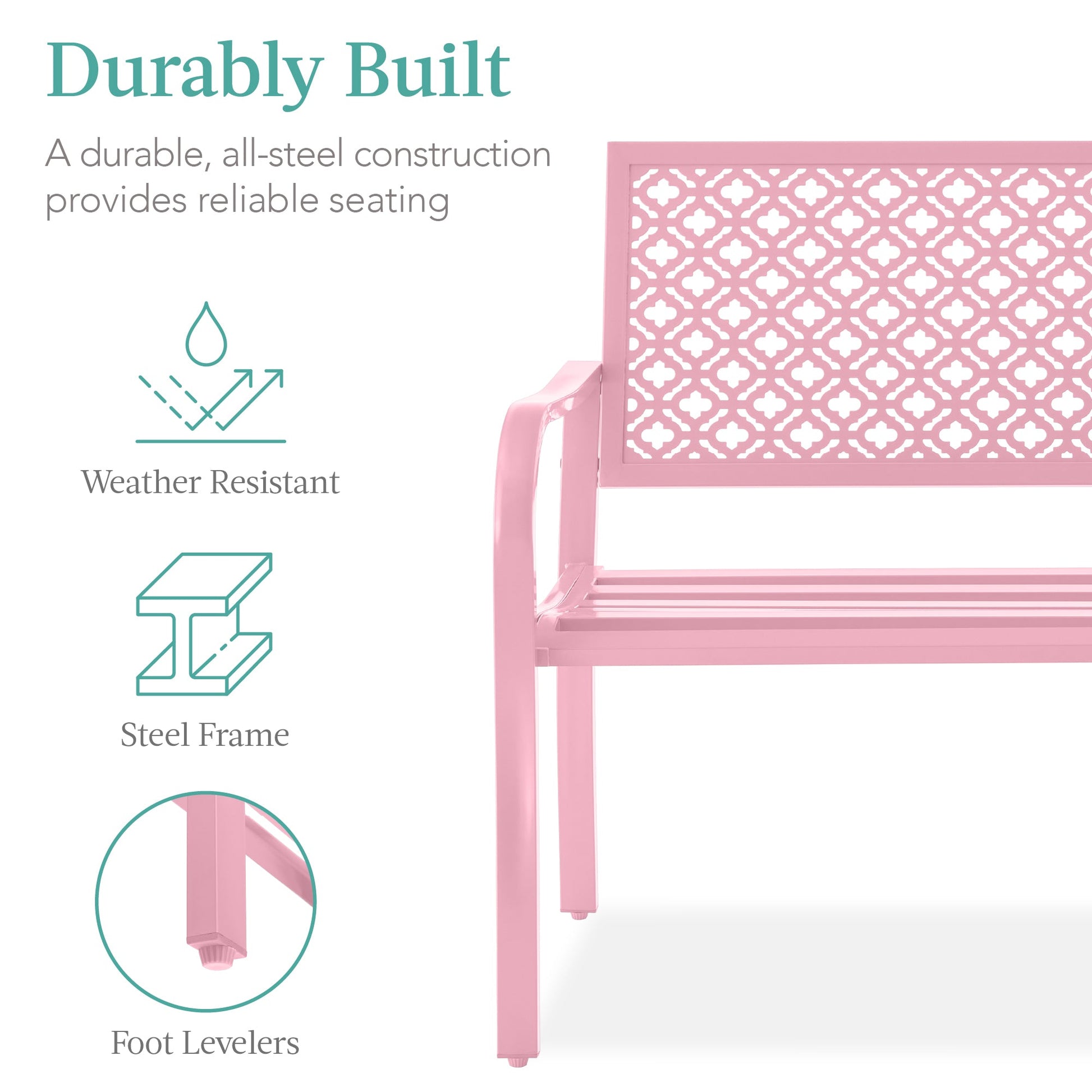 Indoor Outdoor Steel Bench w/ Geometric Backrest, Foot Levelers