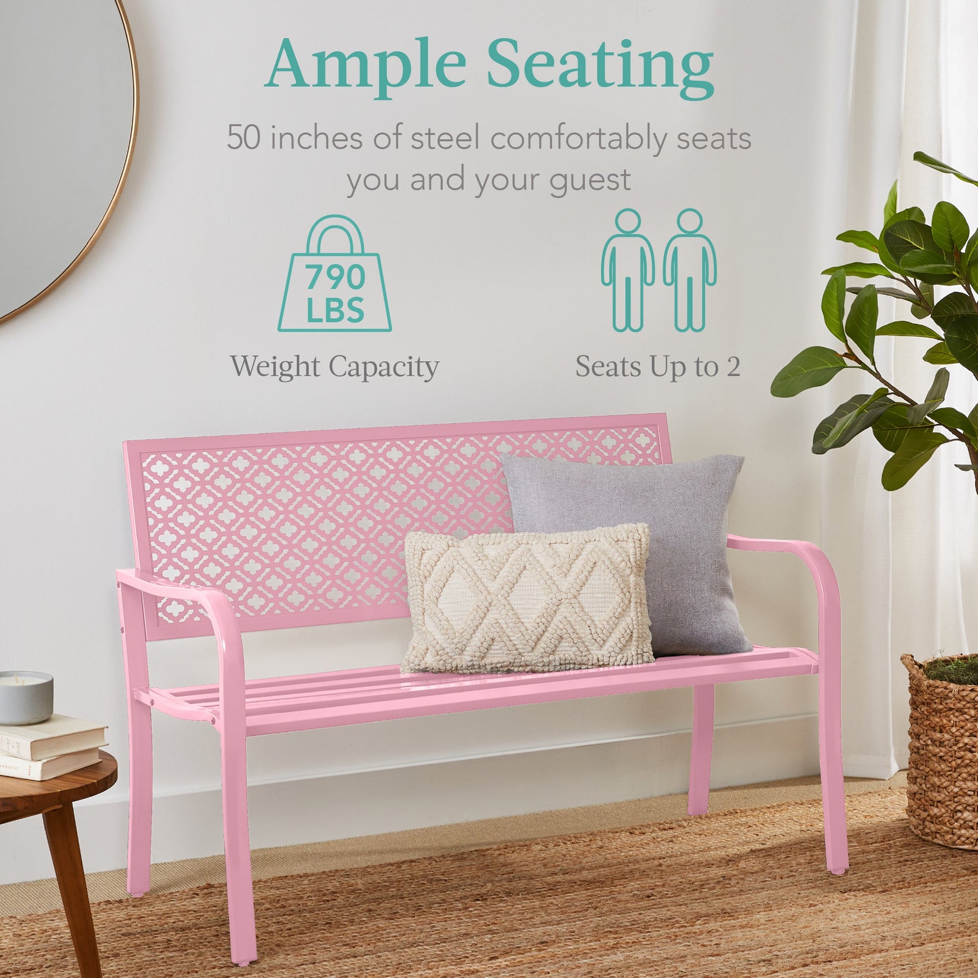 Indoor Outdoor Steel Bench w/ Geometric Backrest, Foot Levelers