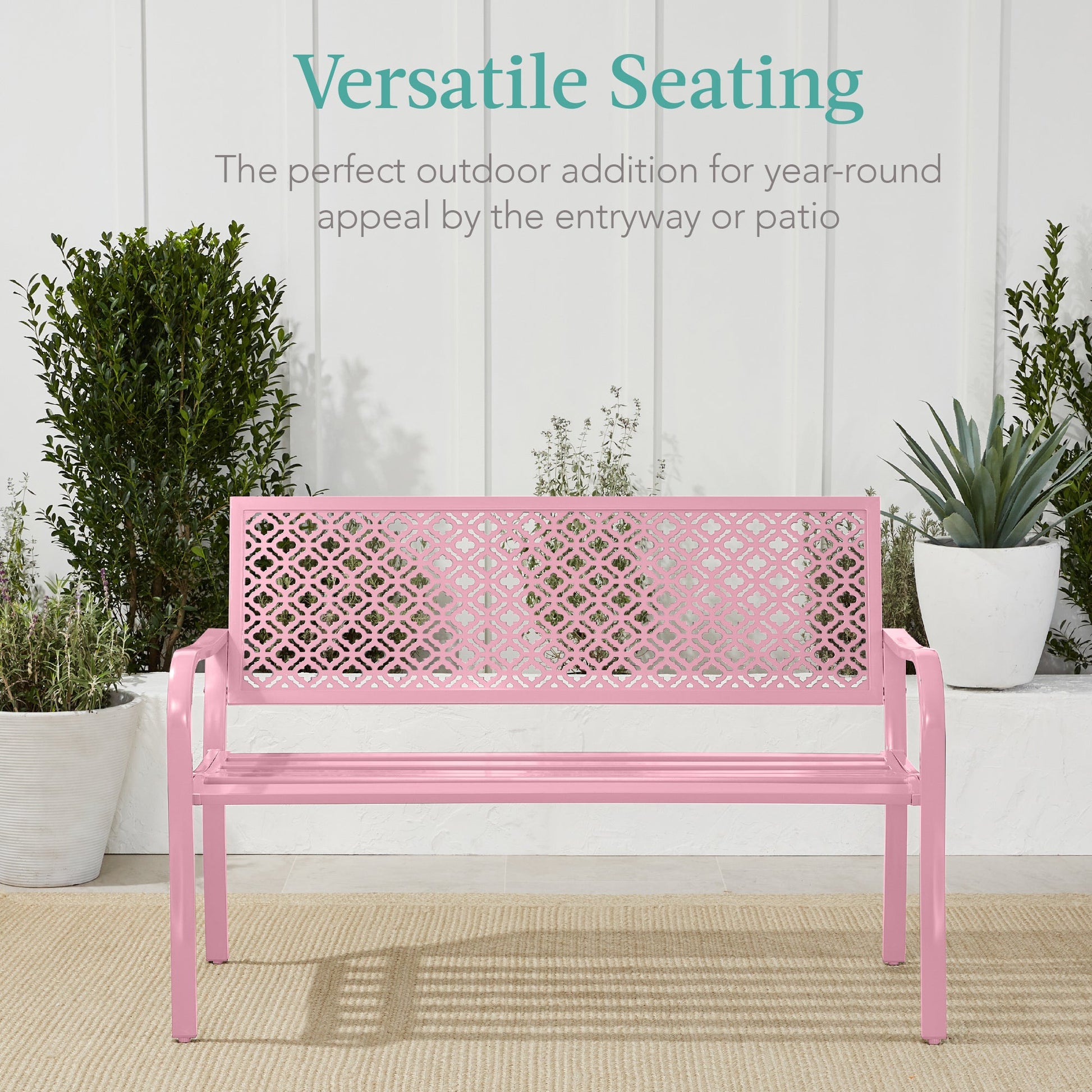 Indoor Outdoor Steel Bench w/ Geometric Backrest, Foot Levelers