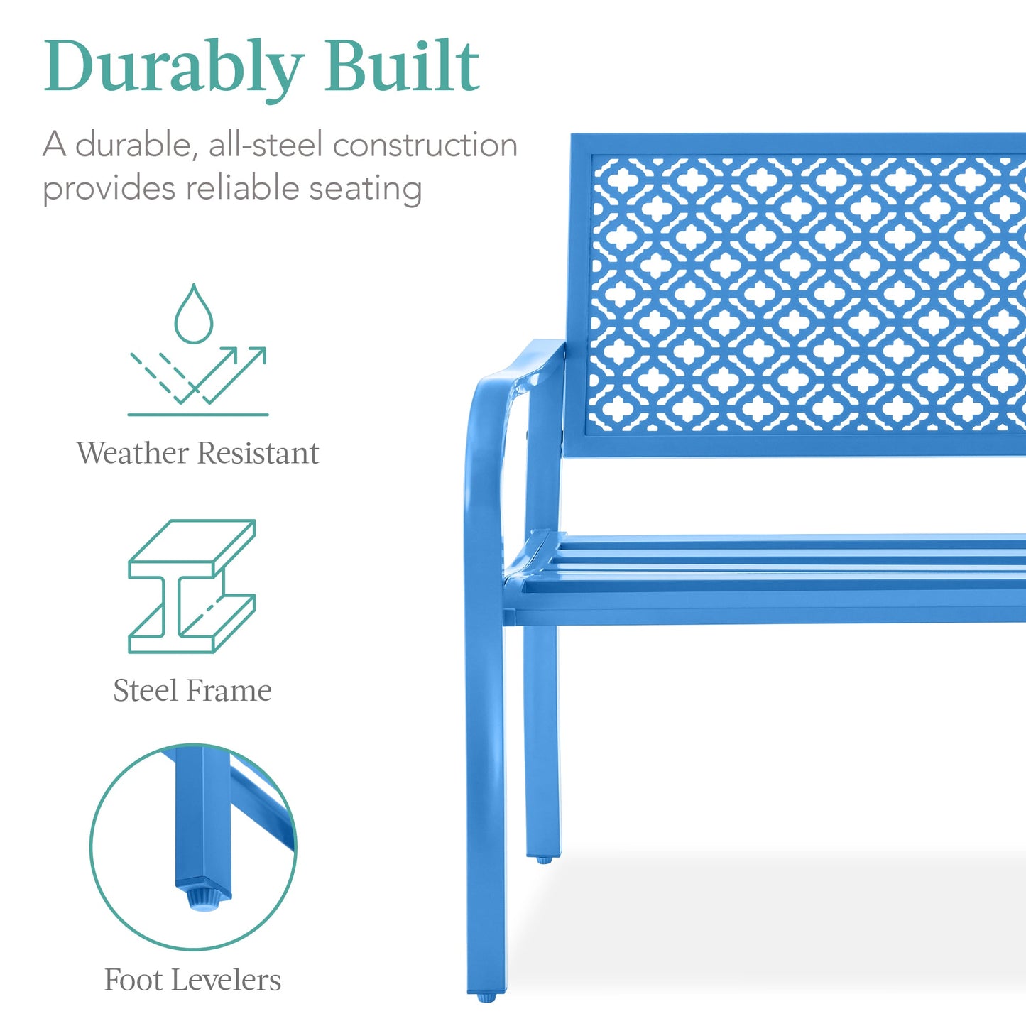 Indoor Outdoor Steel Bench w/ Geometric Backrest, Foot Levelers