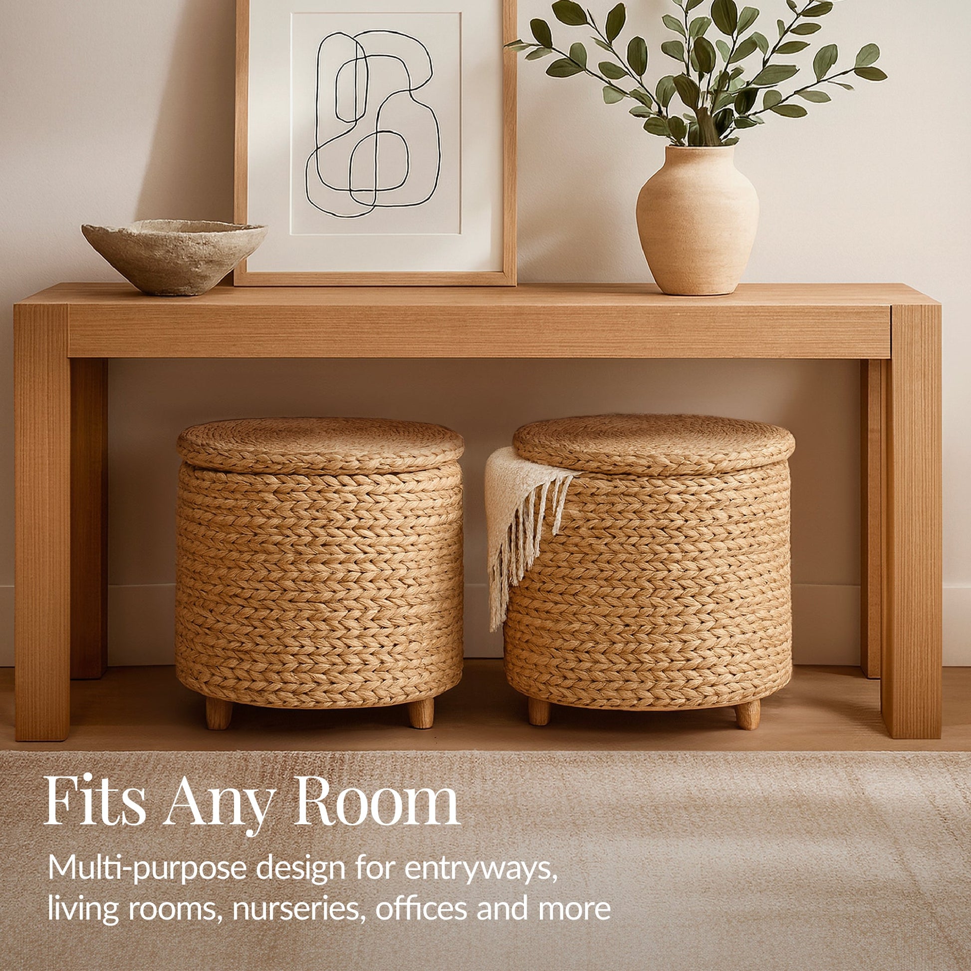 17" Round Storage Ottoman with Lid, Handwoven Water Hyacinth Footstool
