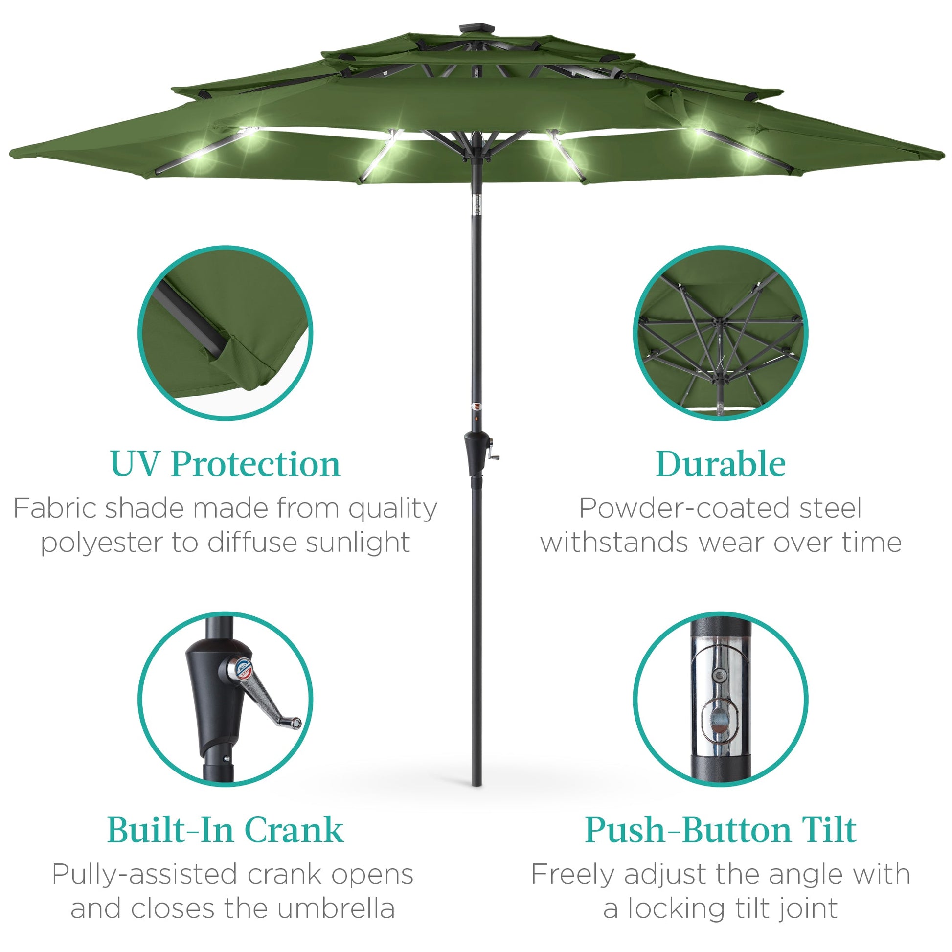 3-Tier Solar Patio Umbrella w/ LED Lights, Tilt Adjustment, Crank - 10ft