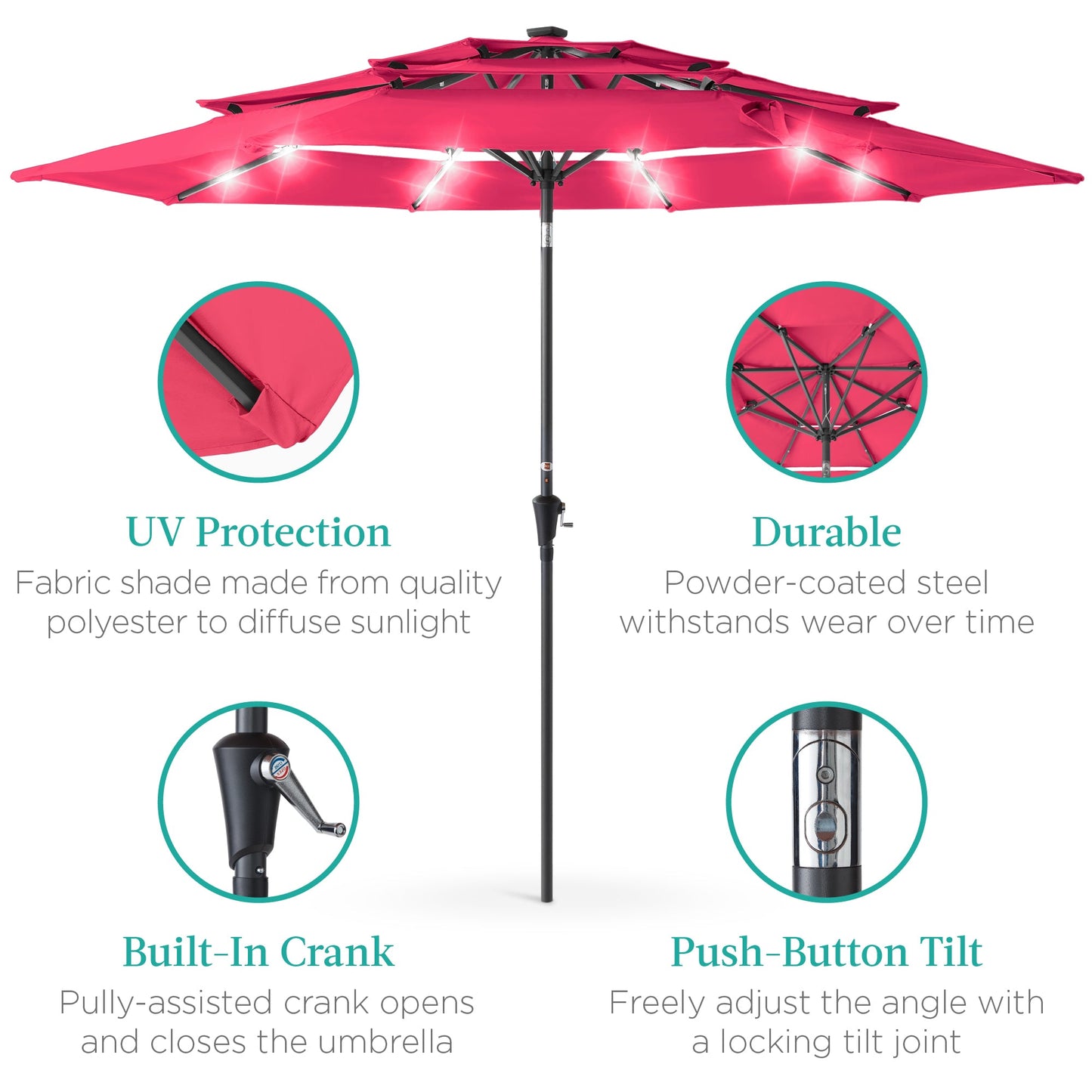 3-Tier Solar Patio Umbrella w/ LED Lights, Tilt Adjustment, Crank - 10ft