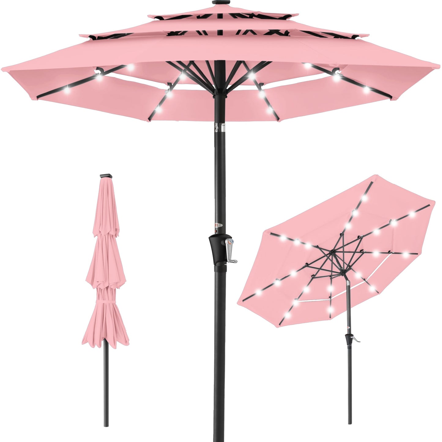 3-Tier Solar Patio Umbrella w/ LED Lights, Tilt Adjustment, Crank - 10ft