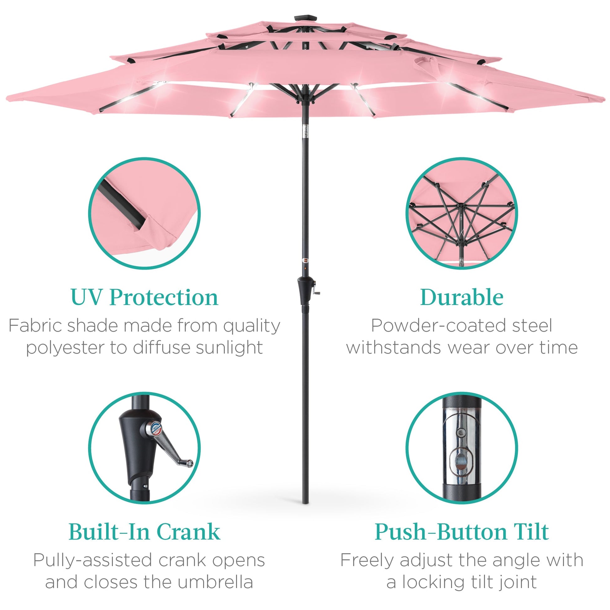 3-Tier Solar Patio Umbrella w/ LED Lights, Tilt Adjustment, Crank - 10ft