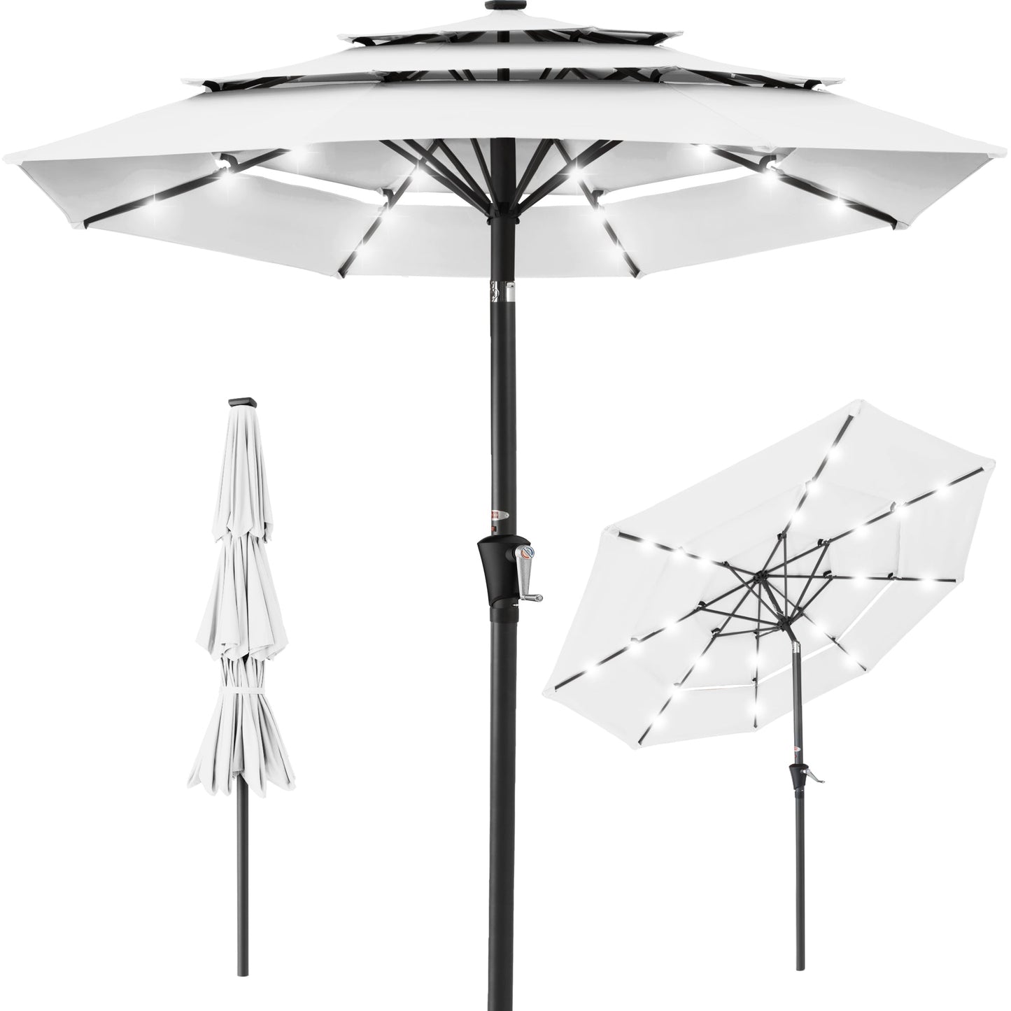 3-Tier Solar Patio Umbrella w/ LED Lights, Tilt Adjustment, Crank - 10ft