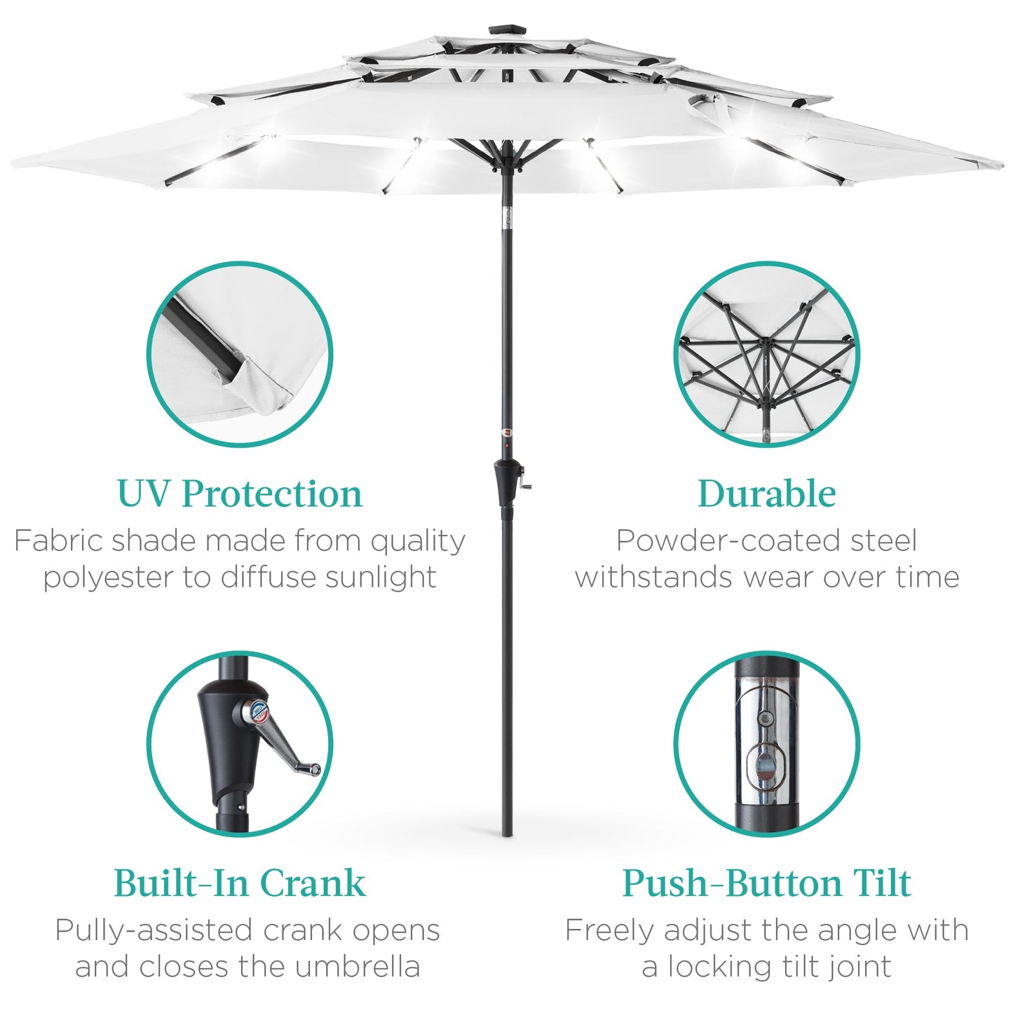 3-Tier Solar Patio Umbrella w/ LED Lights, Tilt Adjustment, Crank - 10ft