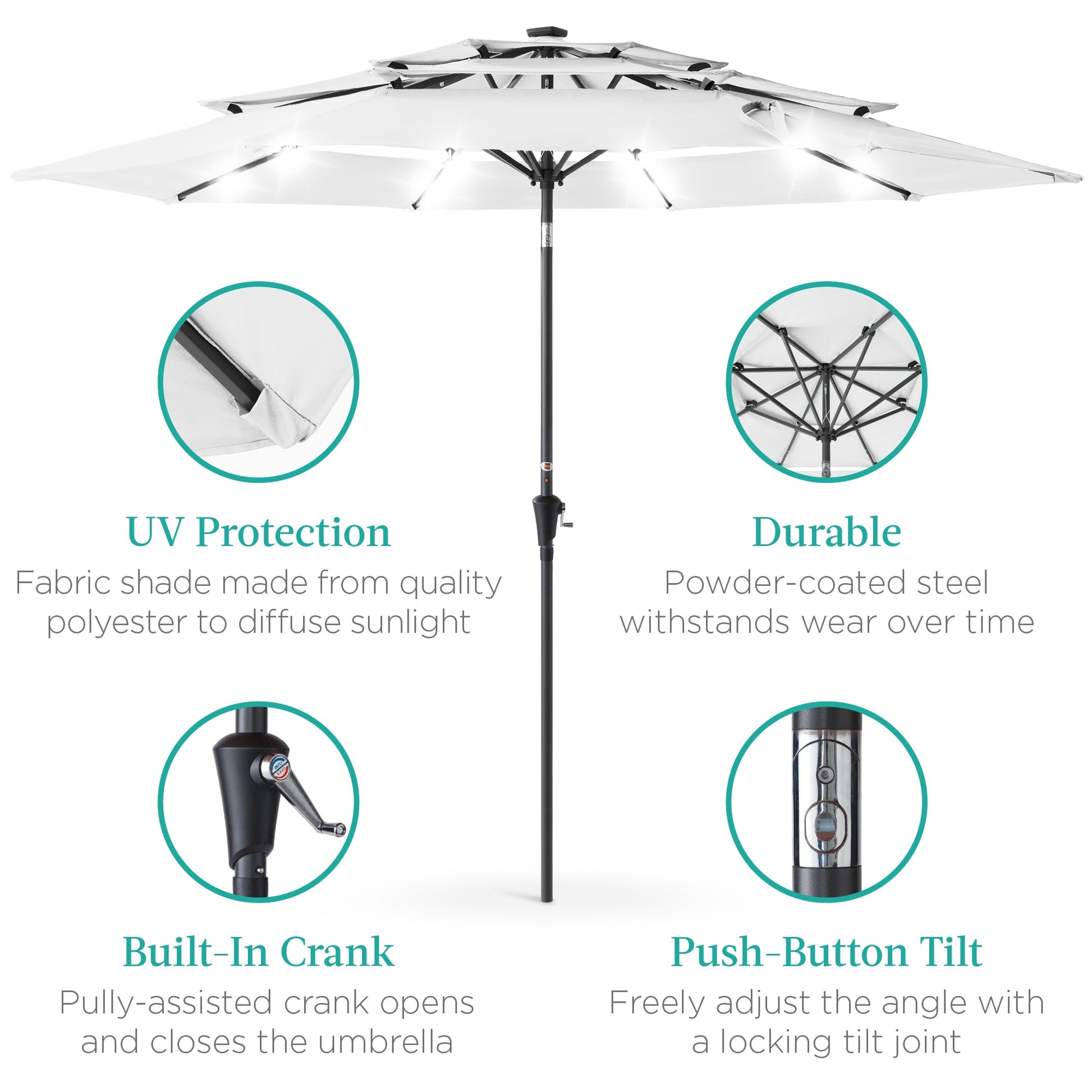 3-Tier Solar Patio Umbrella w/ LED Lights, Tilt Adjustment, Crank - 10ft