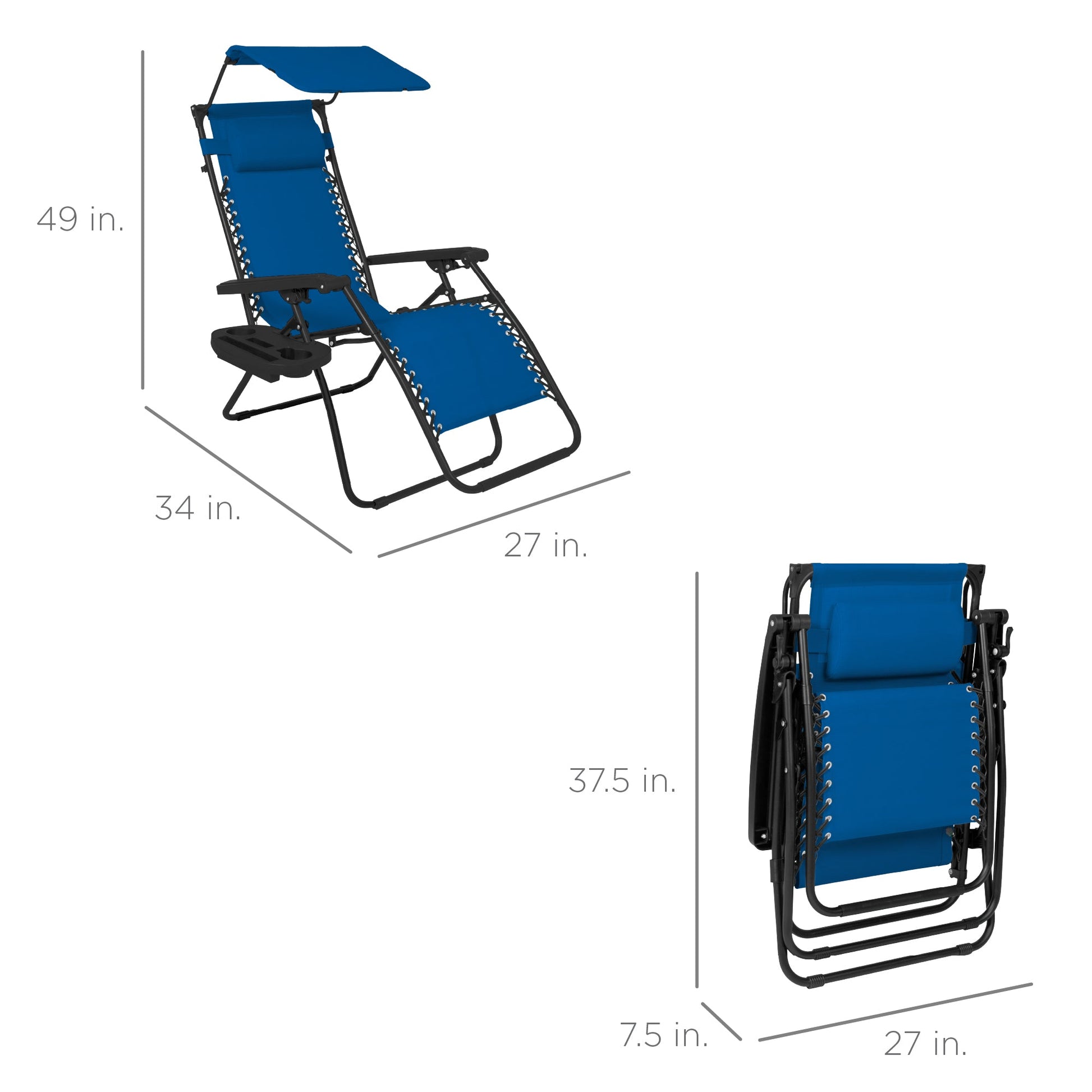 Folding Zero Gravity Recliner Patio Lounge Chair w/ Canopy, Side Tray