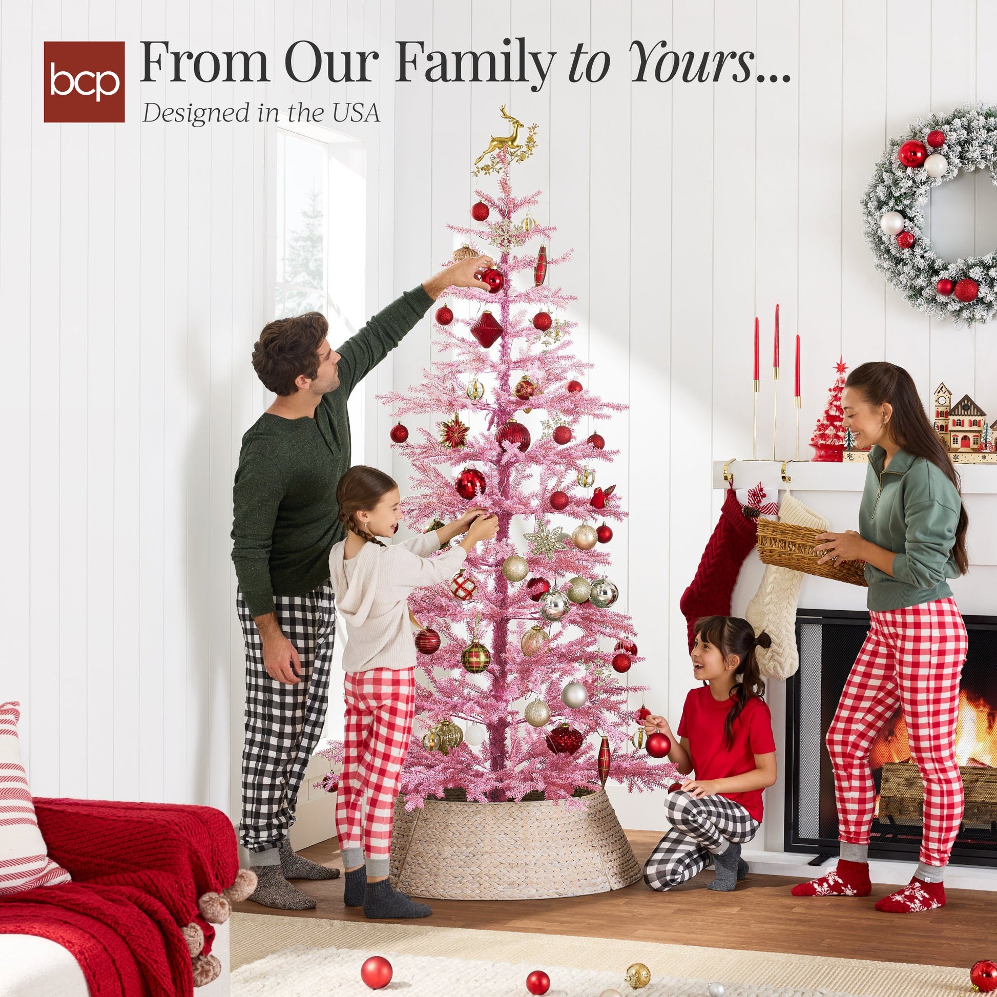 Pink Pre-Lit Sparse Flocked Christmas Tree w/ 2-in-1 LEDs, Cordless Connection