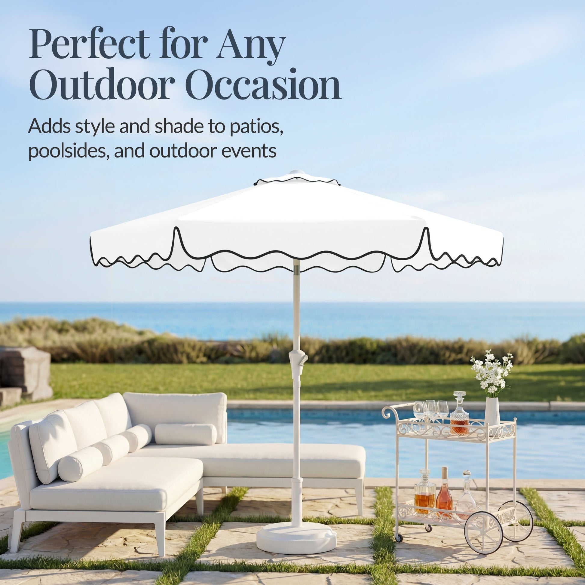 7.5ft Patio Market Umbrella,Wavy Trim, UV-Fade-Resistant, Crank & Tilt