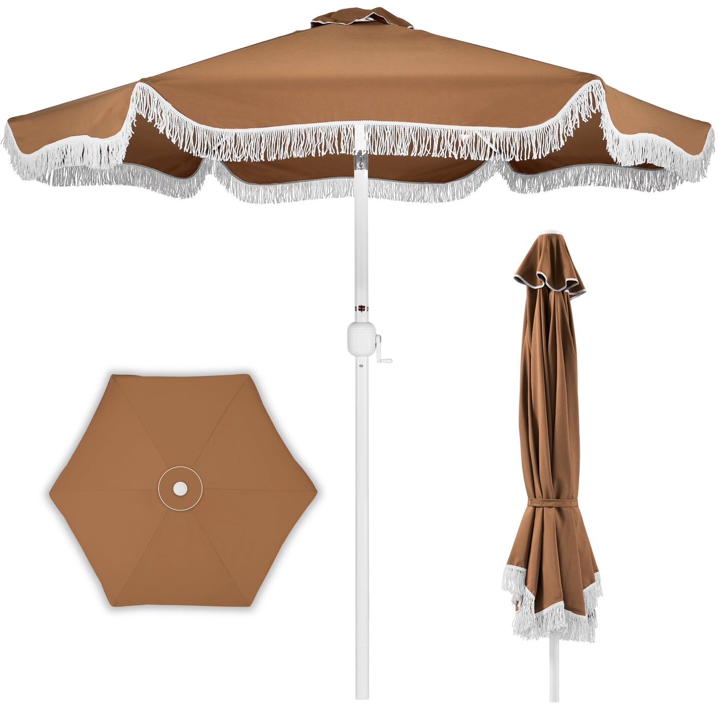 9ft Boho Fringe Umbrella  Tilt, UPF50+, Steel Pole