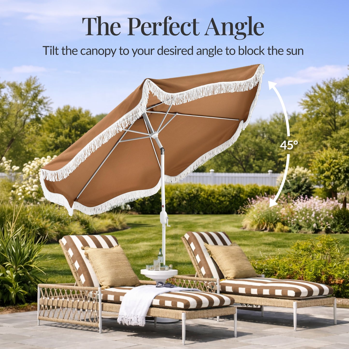 9ft Boho Fringe Umbrella  Tilt, UPF50+, Steel Pole