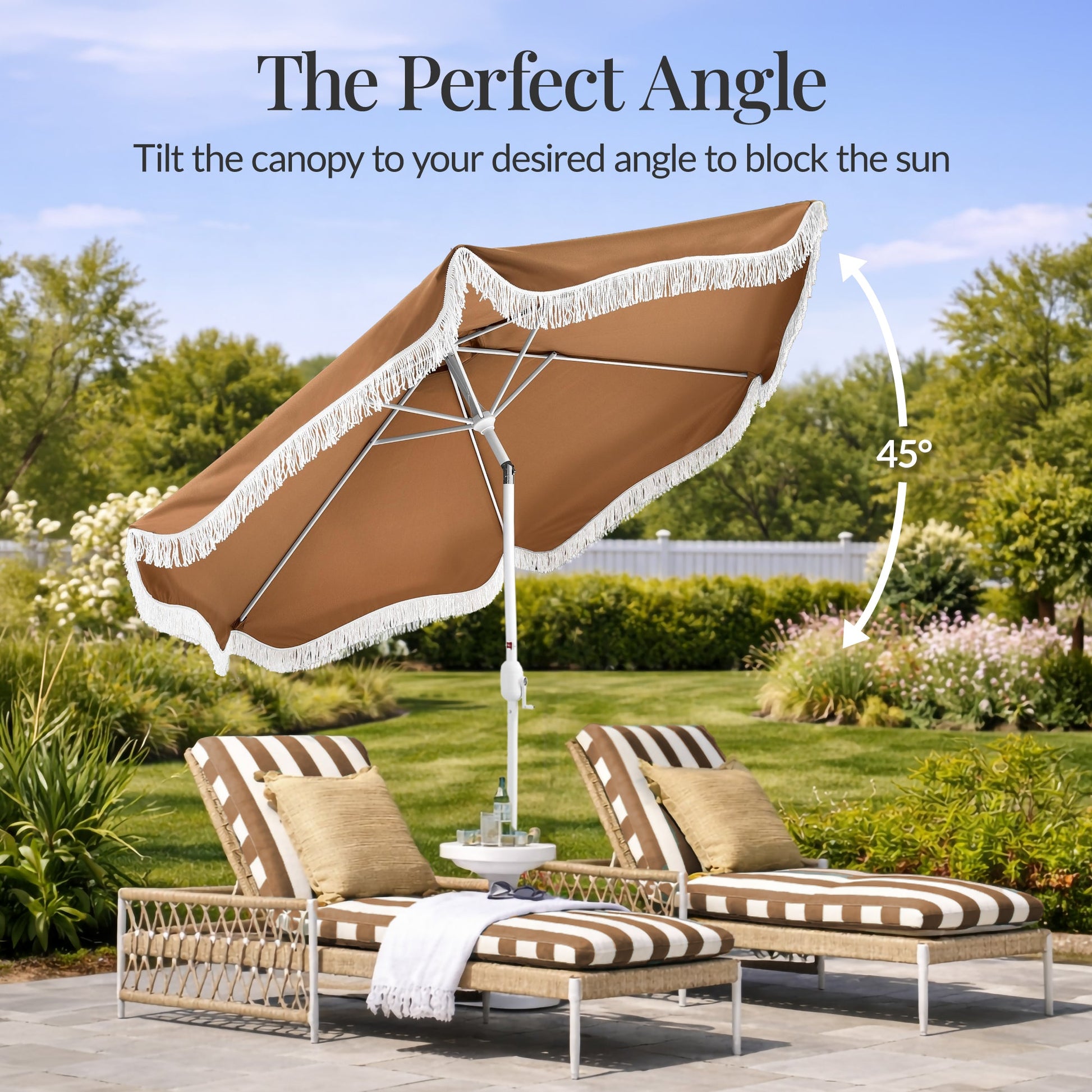 9ft Boho Fringe Umbrella  Tilt, UPF50+, Steel Pole