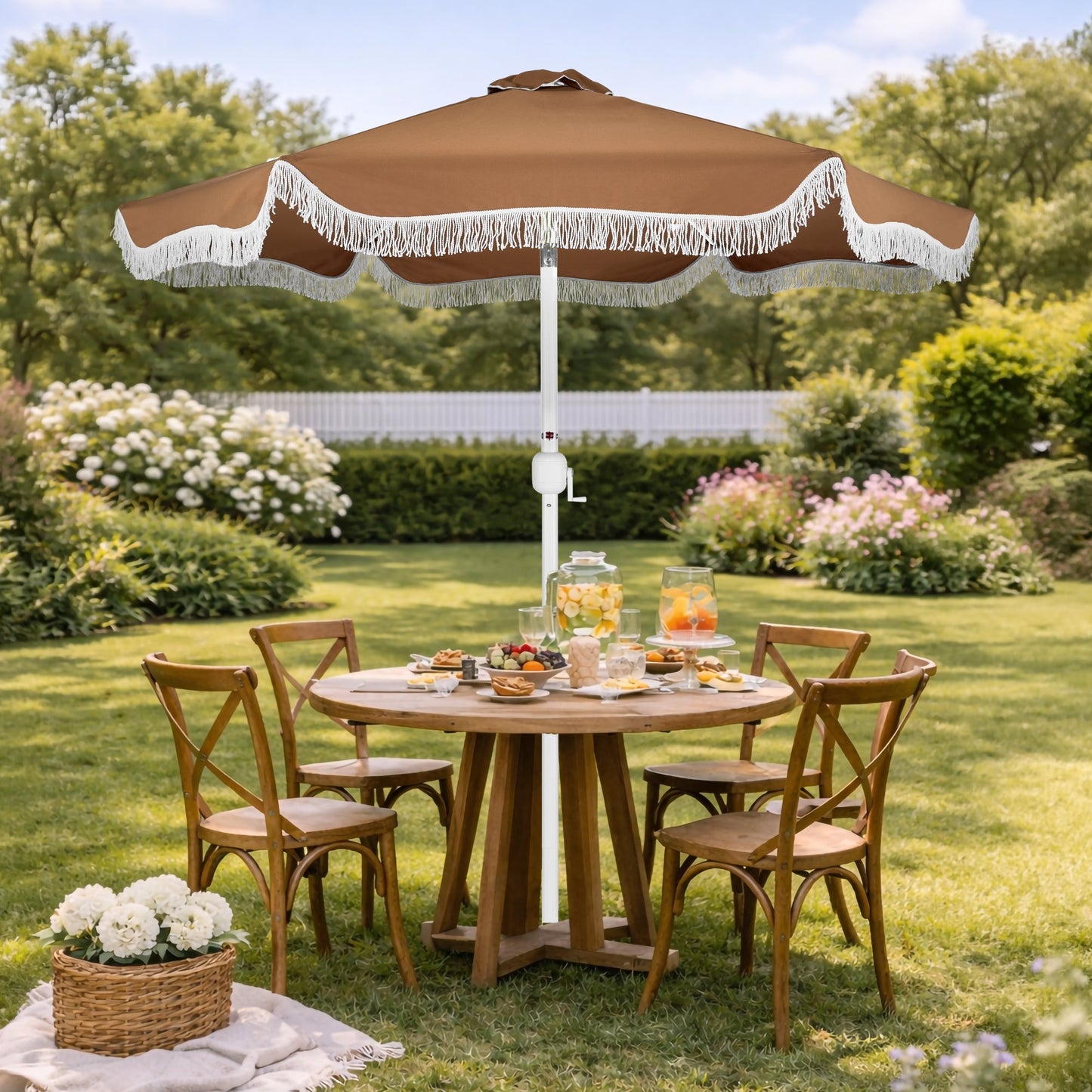 9ft Boho Fringe Umbrella  Tilt, UPF50+, Steel Pole