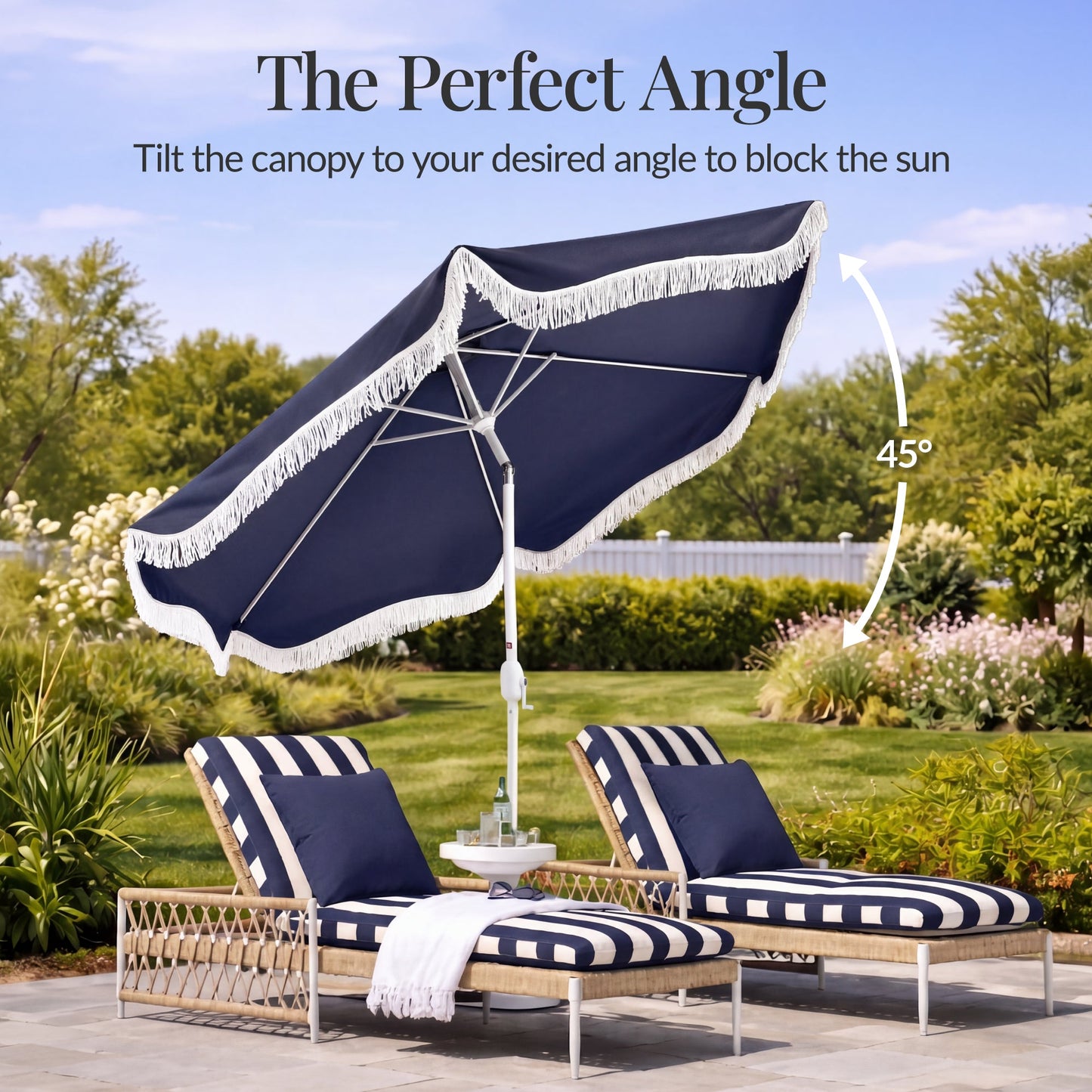 9ft Boho Fringe Umbrella  Tilt, UPF50+, Steel Pole