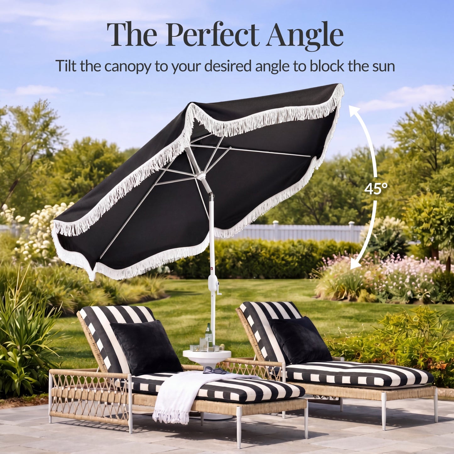 9ft Boho Fringe Umbrella  Tilt, UPF50+, Steel Pole