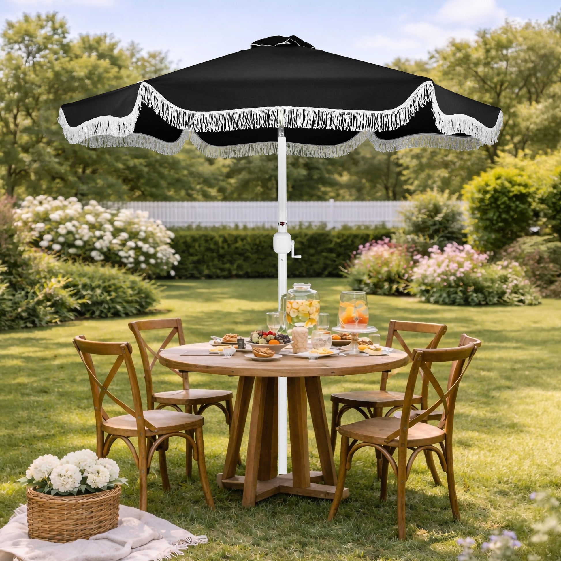 9ft Boho Fringe Umbrella  Tilt, UPF50+, Steel Pole