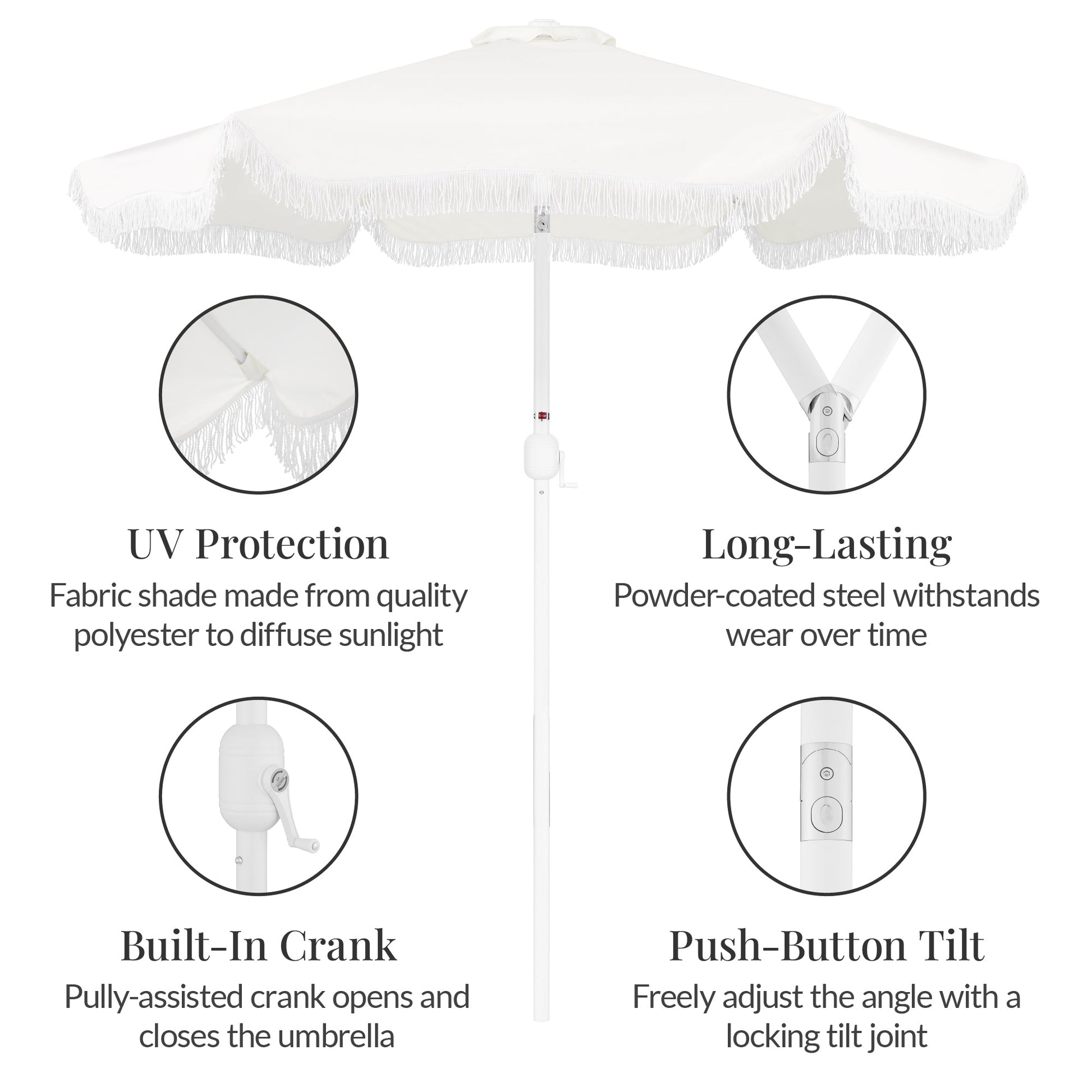 9ft Boho Fringe Umbrella  Tilt, UPF50+, Steel Pole